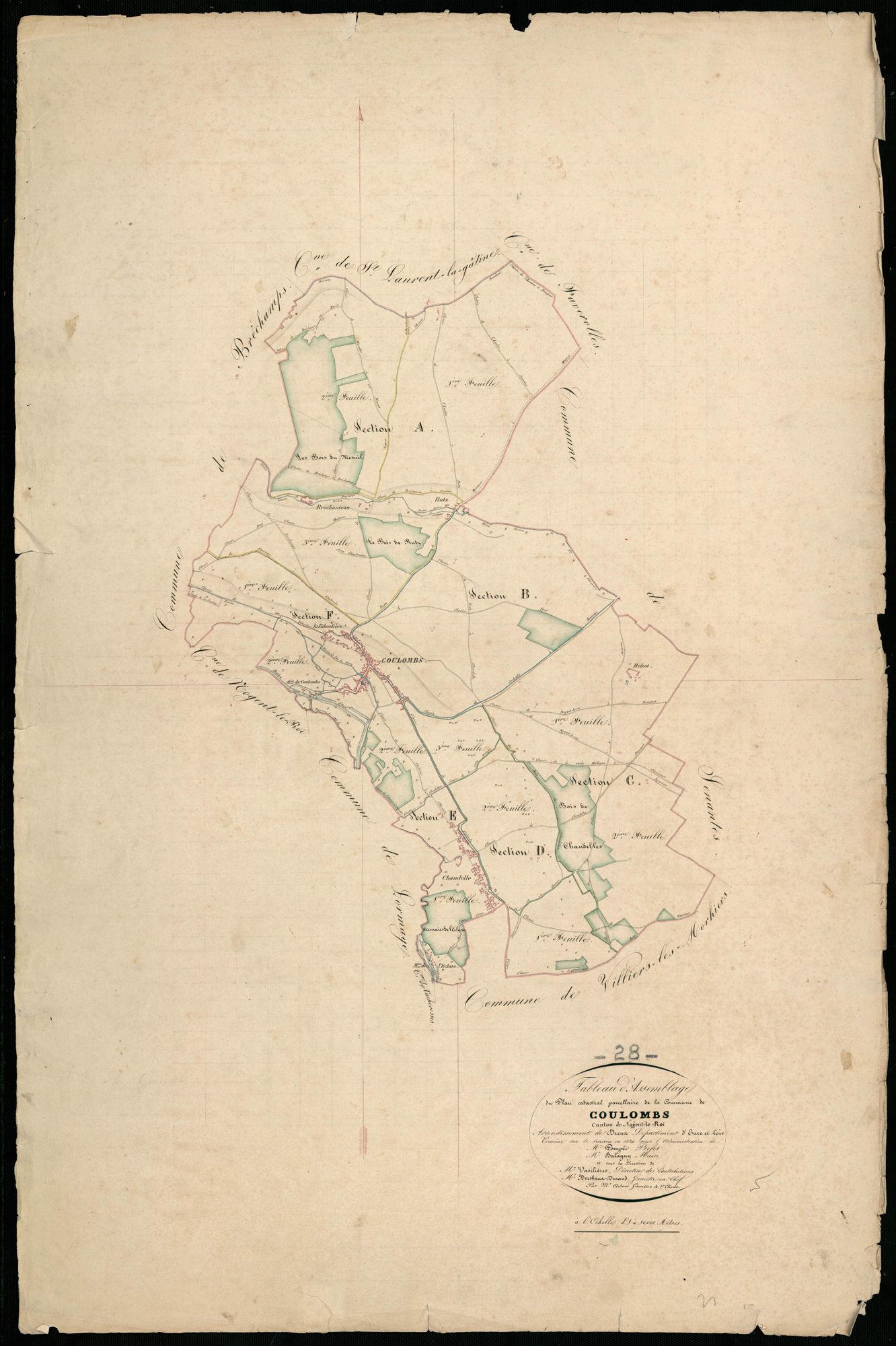 Tableau d'assemblage du plan cadastral parcellaire de la commune de Coulombs, Canton de Nogent-le-Roi, Arrondissement de Dreux / Terminé sur le terrain en 1834 (...) par Monsieur Adam, Géomètre de 1ère classe.