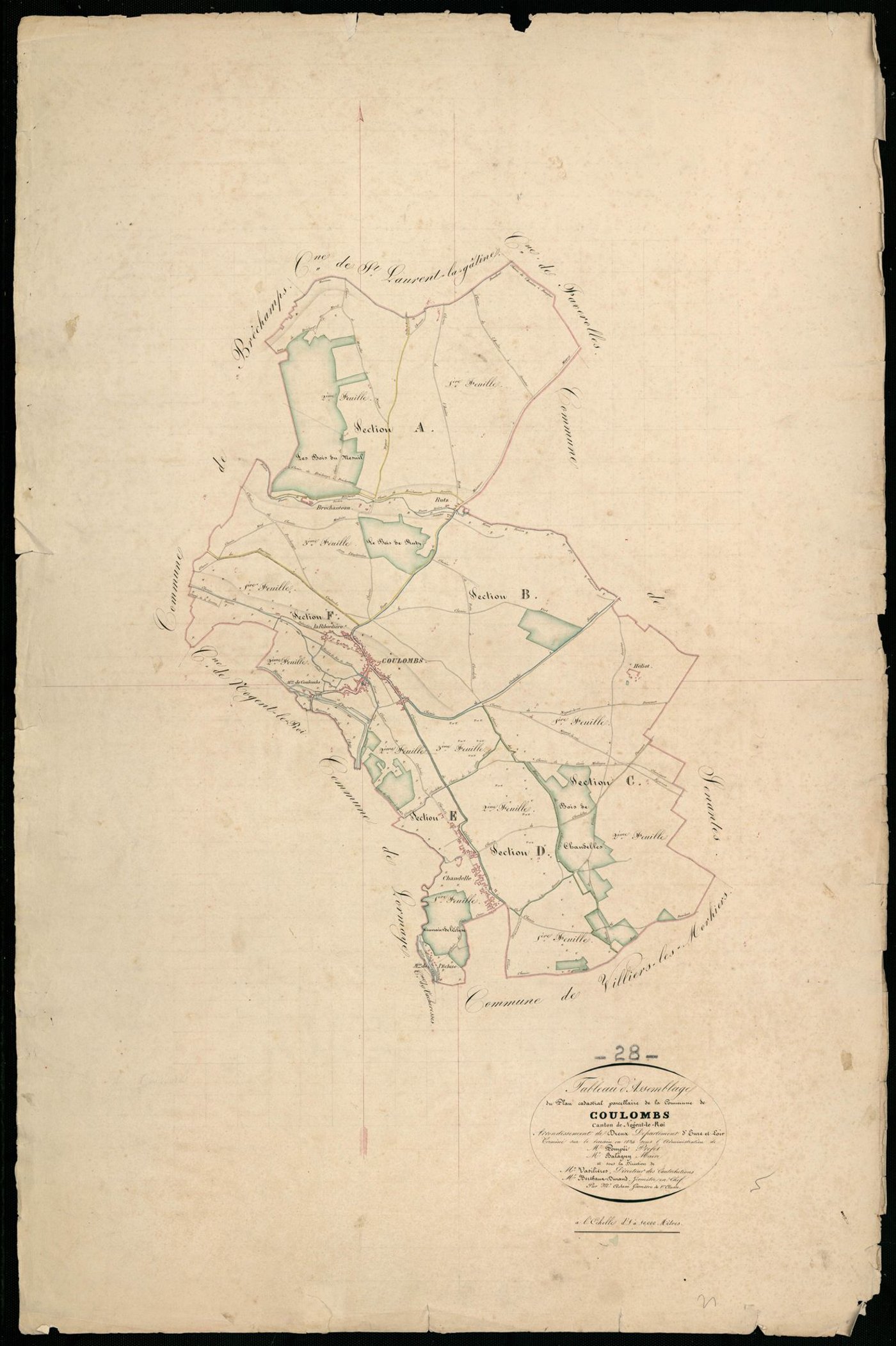 Tableau d'assemblage du plan cadastral parcellaire de la commune de Coulombs, Canton de Nogent-le-Roi, Arrondissement de Dreux / Terminé sur le terrain en 1834 (...) par Monsieur Adam, Géomètre de 1ère classe.