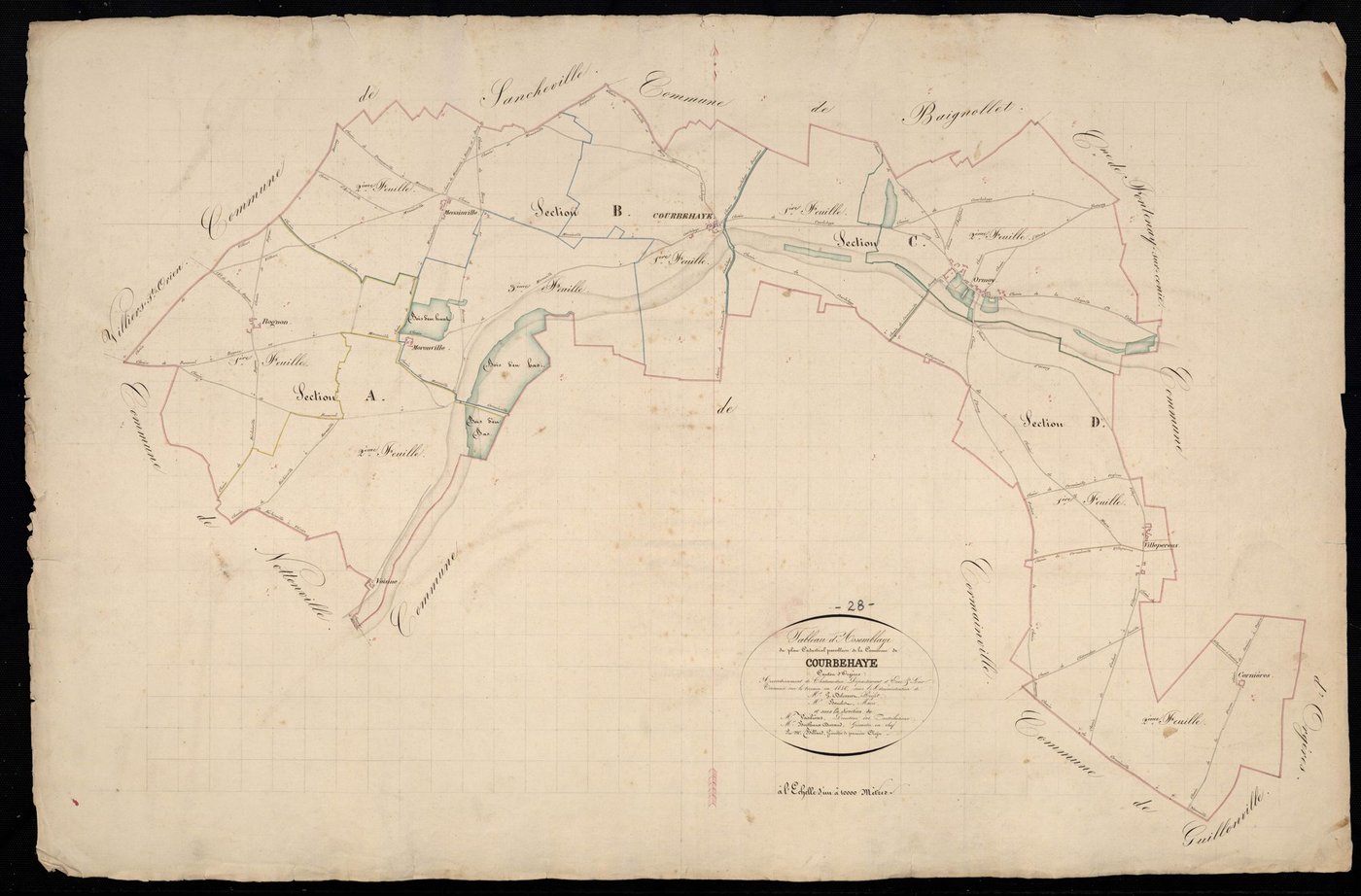 Tableau d'assemblage du plan cadastral parcellaire de la commune de Courbehaye, Canton d'Orgères, Arrondissement de Châteaudun / Terminé sur le terrain en 1836 (...) par Monsieur Billard, Géomètre de 1ère classe.