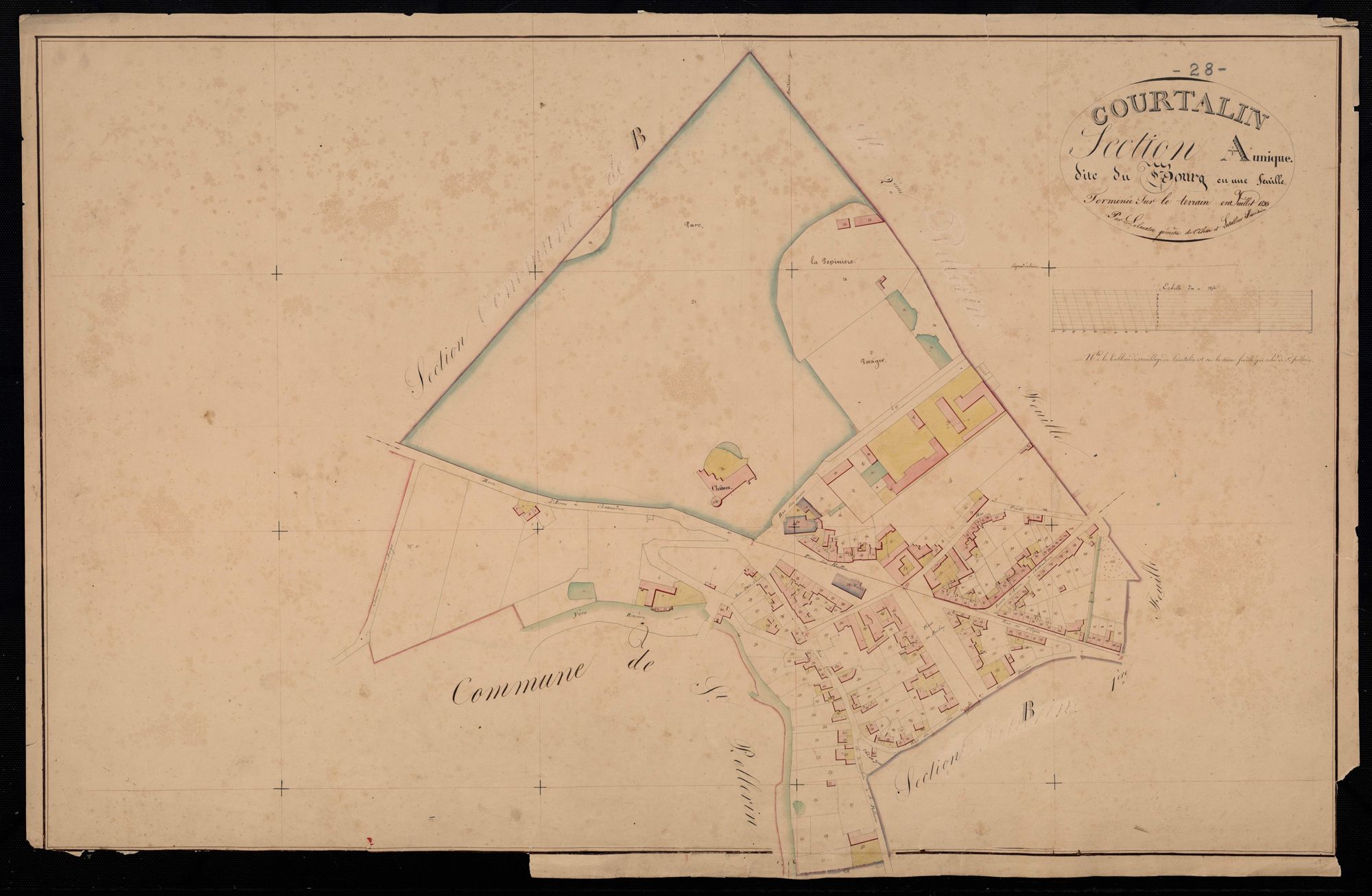 Section A, le Bourg, en une feuille / Terminée sur le terrain par Monsieur Lelouatre, Géomètre de 1ère classe ; Monsieur Letellier, Géomètre secondaire.