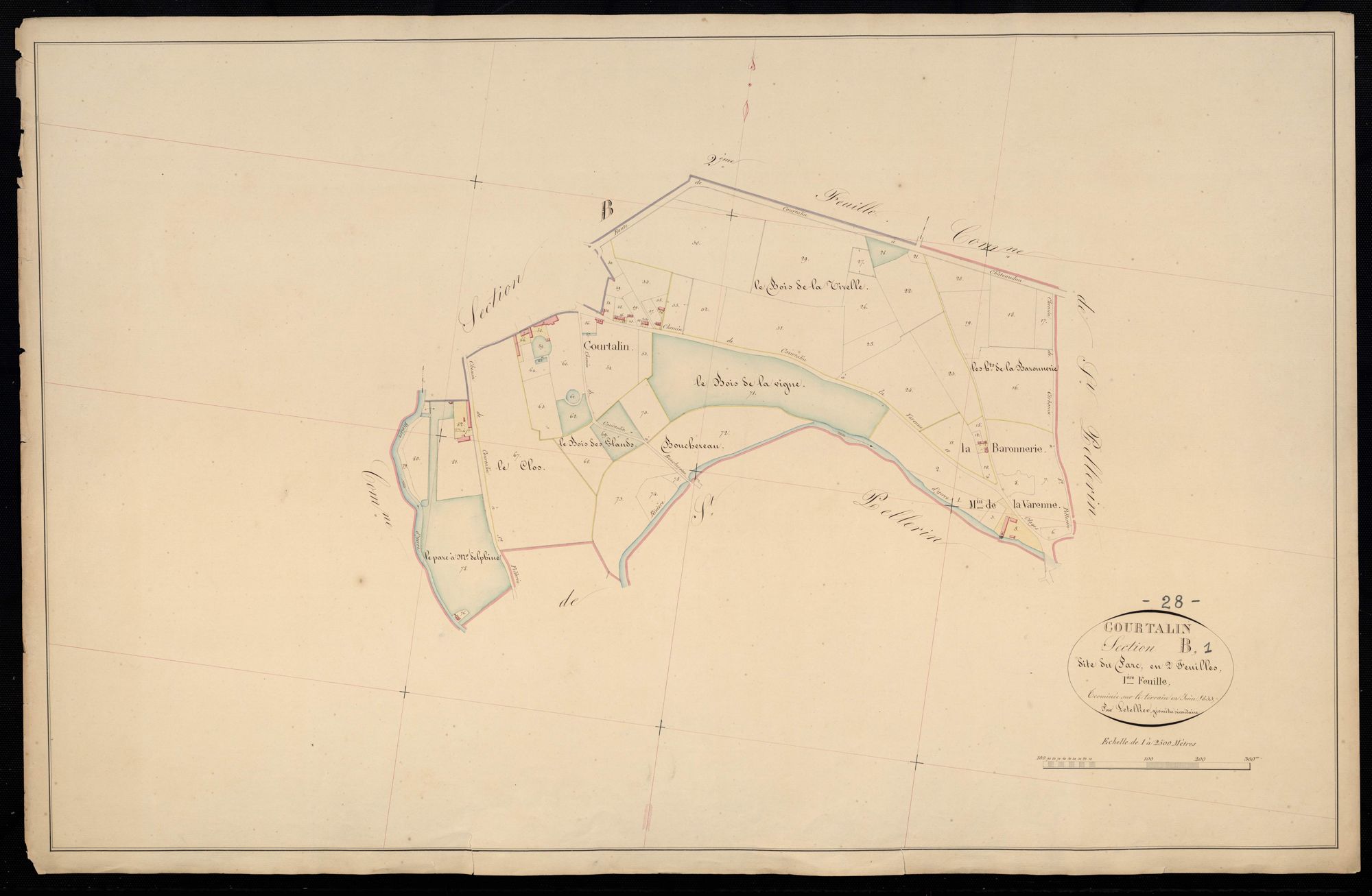 Section B, le Parc, feuille 1 / Terminée sur le terrain par Monsieur Letellier, Géomètre secondaire.