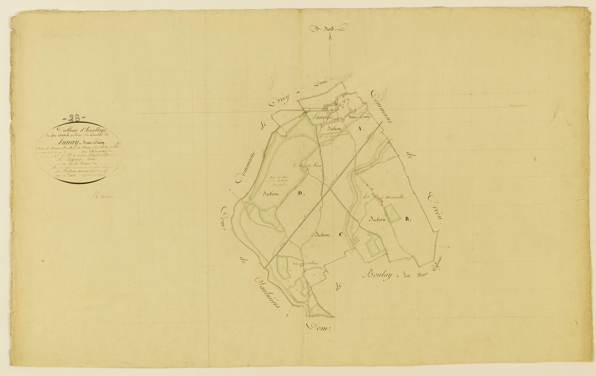 Tableau d'assemblage du plan cadastral parcellaire de la commune de Aunay-sous-Crécy, Canton de Dreux, Arrondissement de Dreux / Terminé sur le terrain (...) par Monsieur Court, Géomètre de 1ère classe.