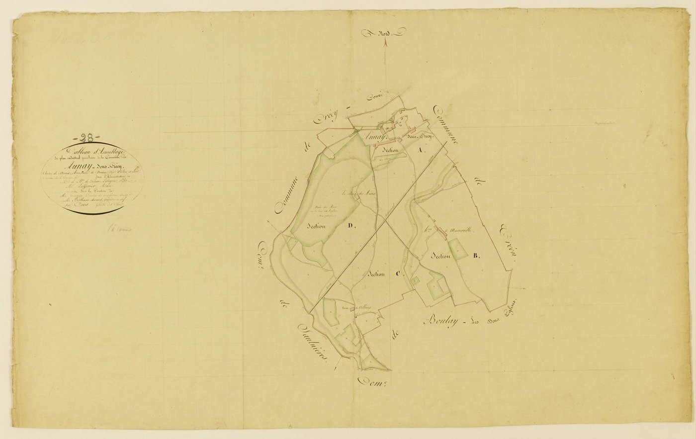 Tableau d'assemblage du plan cadastral parcellaire de la commune de Aunay-sous-Crécy, Canton de Dreux, Arrondissement de Dreux / Terminé sur le terrain (...) par Monsieur Court, Géomètre de 1ère classe.