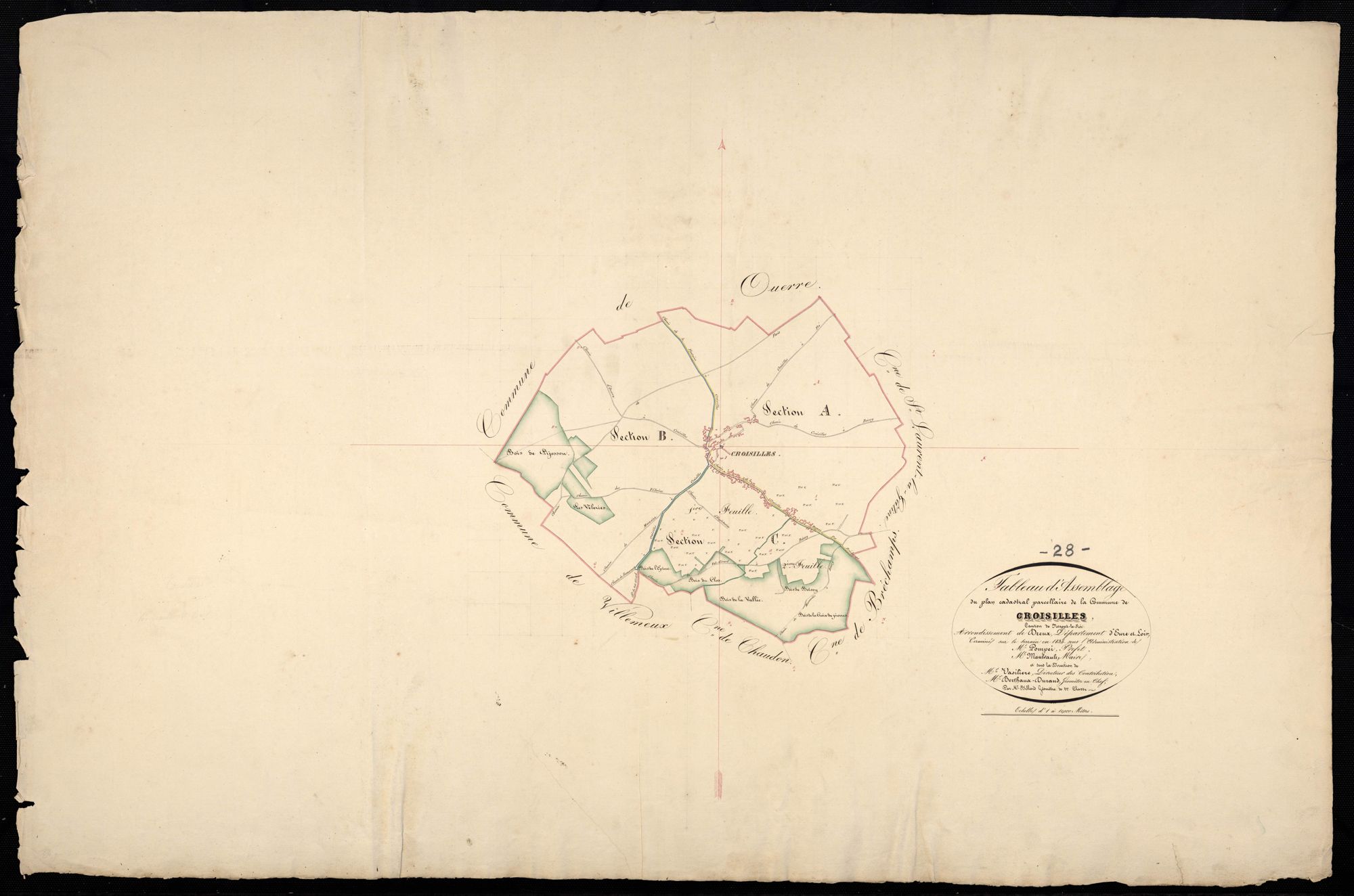 Tableau d'assemblage du plan cadastral parcellaire de la commune de Croisilles, Canton de Nogent-le-Roi, Arrondissement de Dreux / Terminé sur le terrain en 1834 (...) par Monsieur Billard, Géomètre de 1ère classe.