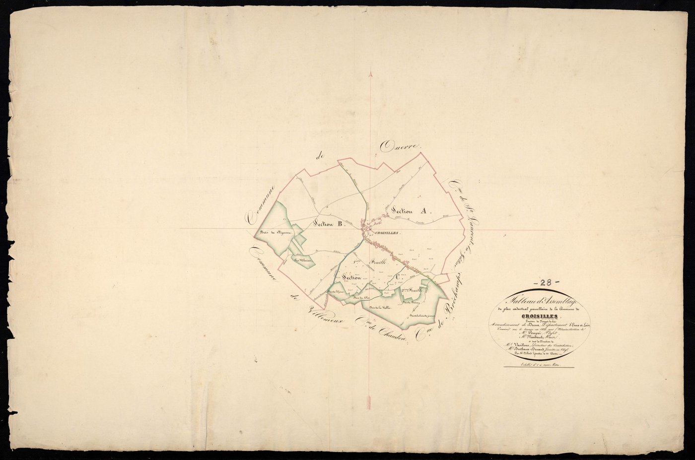 Tableau d'assemblage du plan cadastral parcellaire de la commune de Croisilles, Canton de Nogent-le-Roi, Arrondissement de Dreux / Terminé sur le terrain en 1834 (...) par Monsieur Billard, Géomètre de 1ère classe.