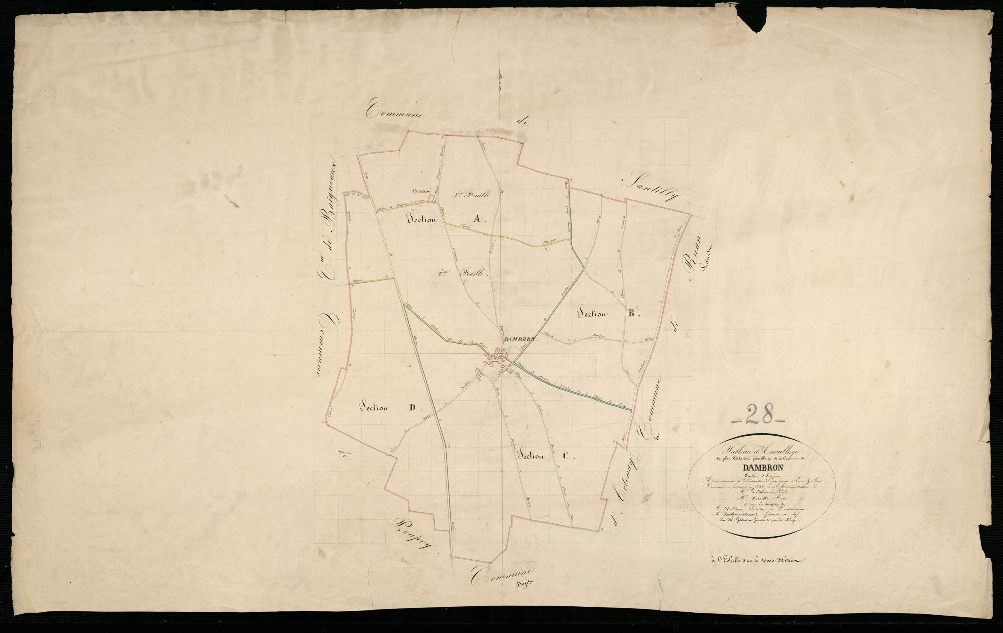 Tableau d'assemblage du plan cadastral parcellaire de la commune de Dambron, Canton d'Orgères, Arrondissement de Châteaudun / Terminé sur le terrain en 1836 (...) par Monsieur Godinet, Géomètre de 1ère classe.