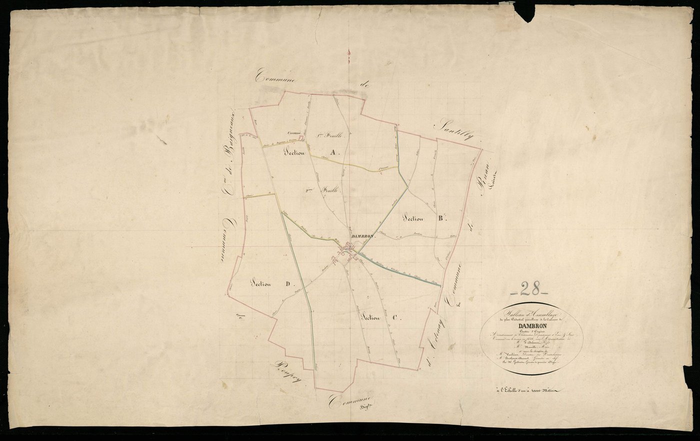 Tableau d'assemblage du plan cadastral parcellaire de la commune de Dambron, Canton d'Orgères, Arrondissement de Châteaudun / Terminé sur le terrain en 1836 (...) par Monsieur Godinet, Géomètre de 1ère classe.