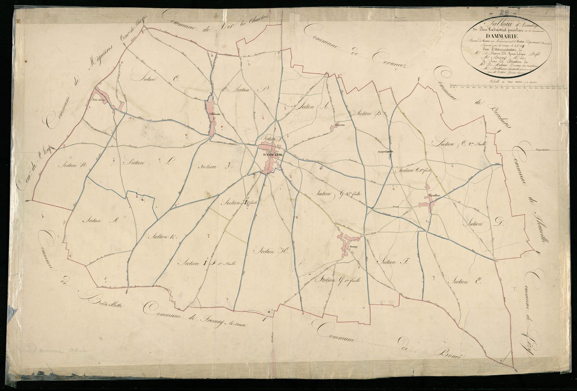 Tableau d'assemblage du plan cadastral parcellaire de la commune de Dammarie, Canton de Chartres-Sud, Arrondissement de Chartres / Terminé sur le terrain en 1825 (...) par Monsieur Breton, Géomètre arpenteur.