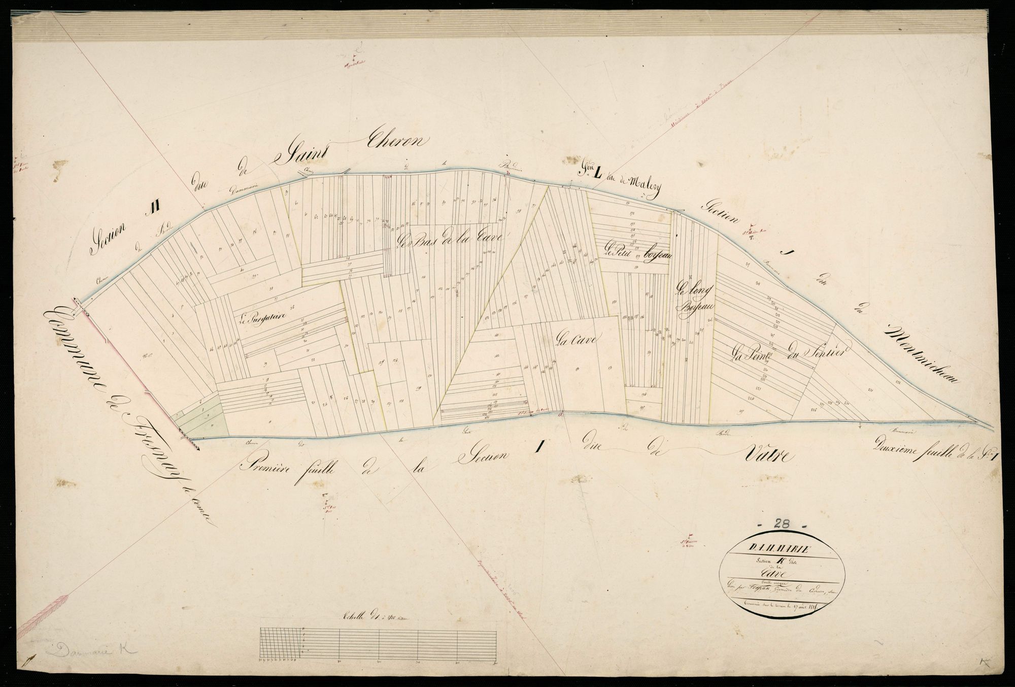 Section K, la Cave / Terminée sur le terrain par Monsieur Forgean, Géomètre du cadastre.