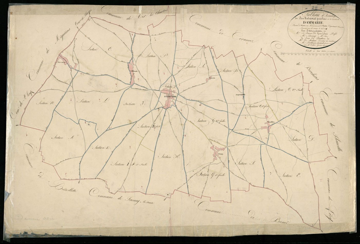 Tableau d'assemblage du plan cadastral parcellaire de la commune de Dammarie, Canton de Chartres-Sud, Arrondissement de Chartres / Terminé sur le terrain en 1825 (...) par Monsieur Breton, Géomètre arpenteur.
