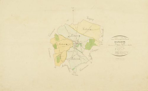 Tableau d'assemblage du plan cadastral parcellaire de la commune de Dangers, Canton de Courville, Arrondissement de Chartres / Terminé sur le terrain en 1831 (...) par Dufour, géomètre de 1ère classe. Recopié en 1909.
