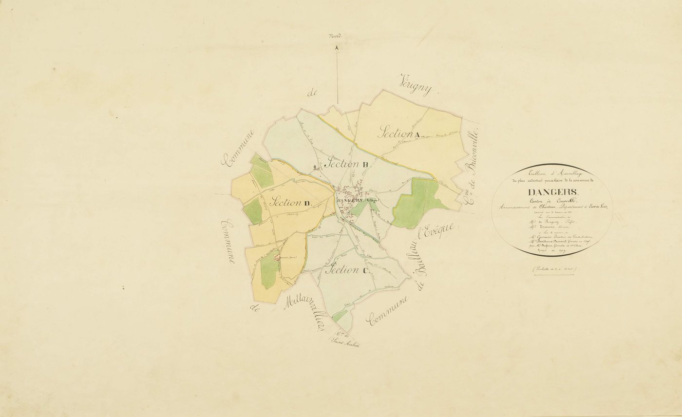 Tableau d'assemblage du plan cadastral parcellaire de la commune de Dangers, Canton de Courville, Arrondissement de Chartres / Terminé sur le terrain en 1831 (...) par Dufour, géomètre de 1ère classe. Recopié en 1909.
