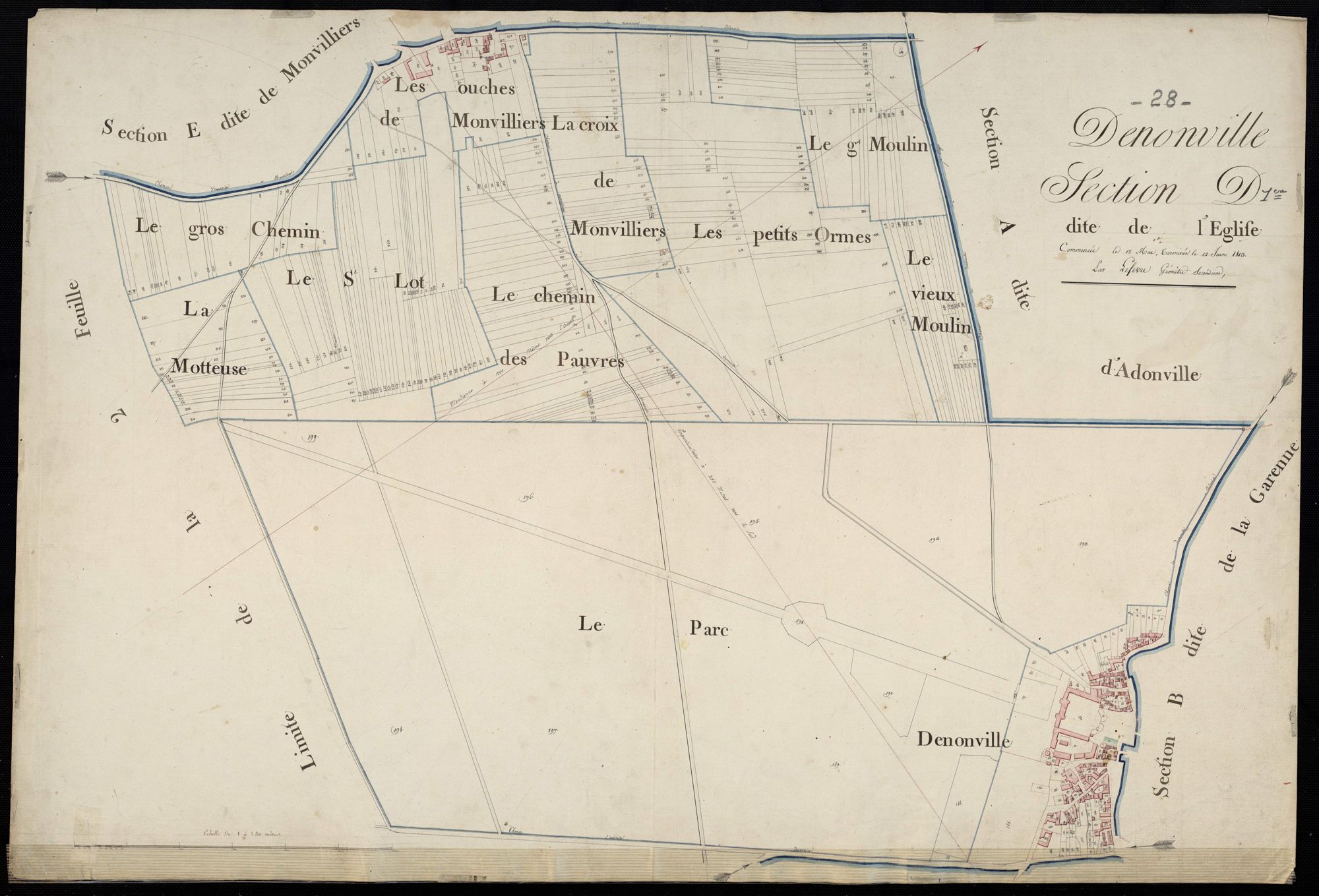 Section D, l'Eglise, feuille 1 / Terminée par Monsieur Lefevre, Géomètre secondaire.
