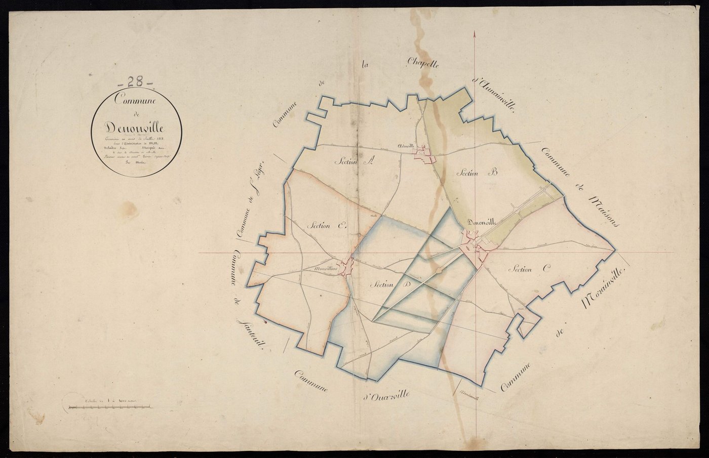 Tableau d'assemblage du plan cadastral parcellaire de la commune de Denonville, Canton d'Auneau, Arrondissement de Chartres / Terminé sur le terrain en juillet 1813 (...) par Monsieur Morlet, Géomètre de 1ère classe.