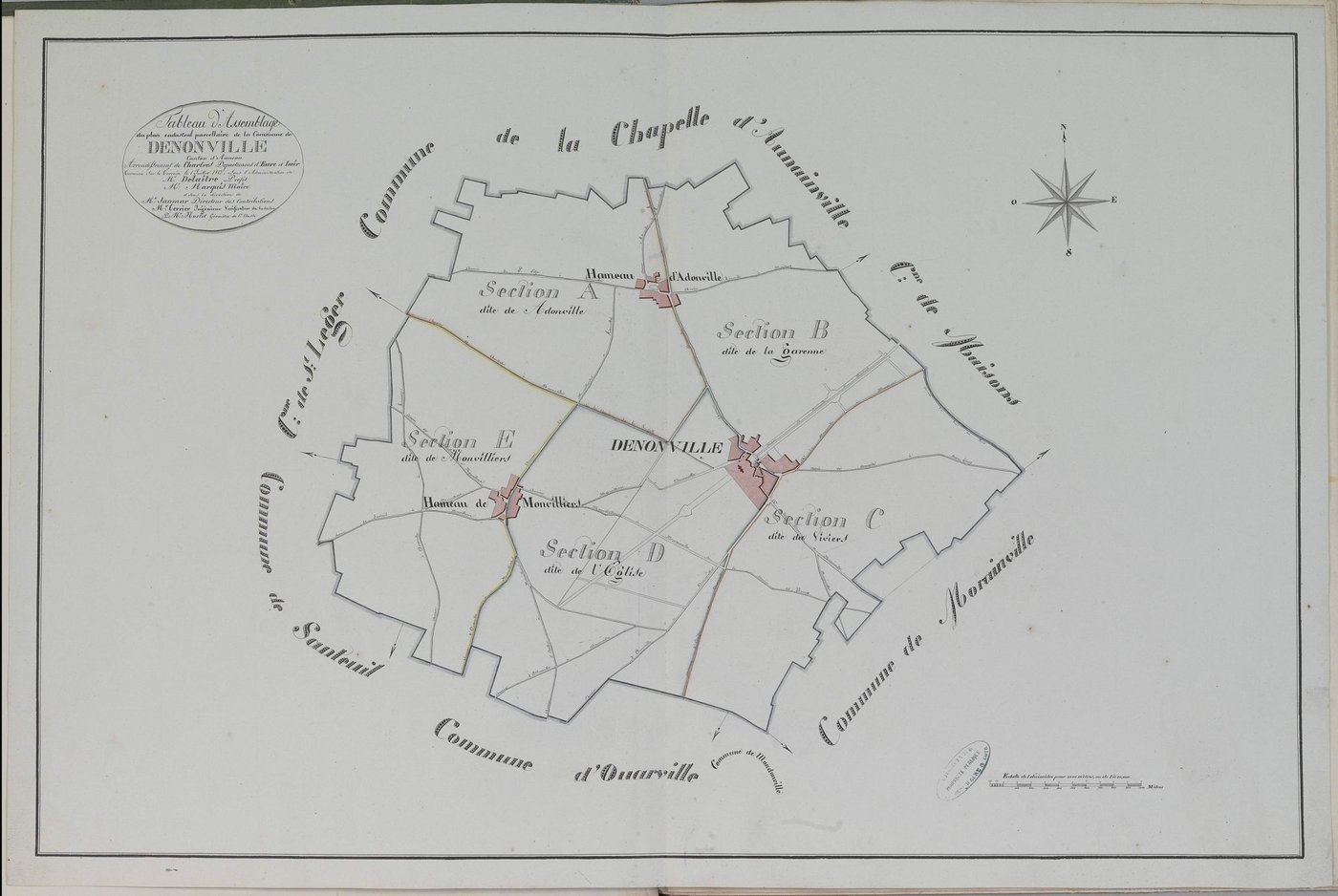 Tableau d'assemblage du plan parcellaire de la commune de Denonville, Canton d'Auneau, Arrondissement de Chartres / Terminé sur le terrain le 1er juillet 1813 (...) par Monsieur Morlet, Géomètre de 1ère classe.