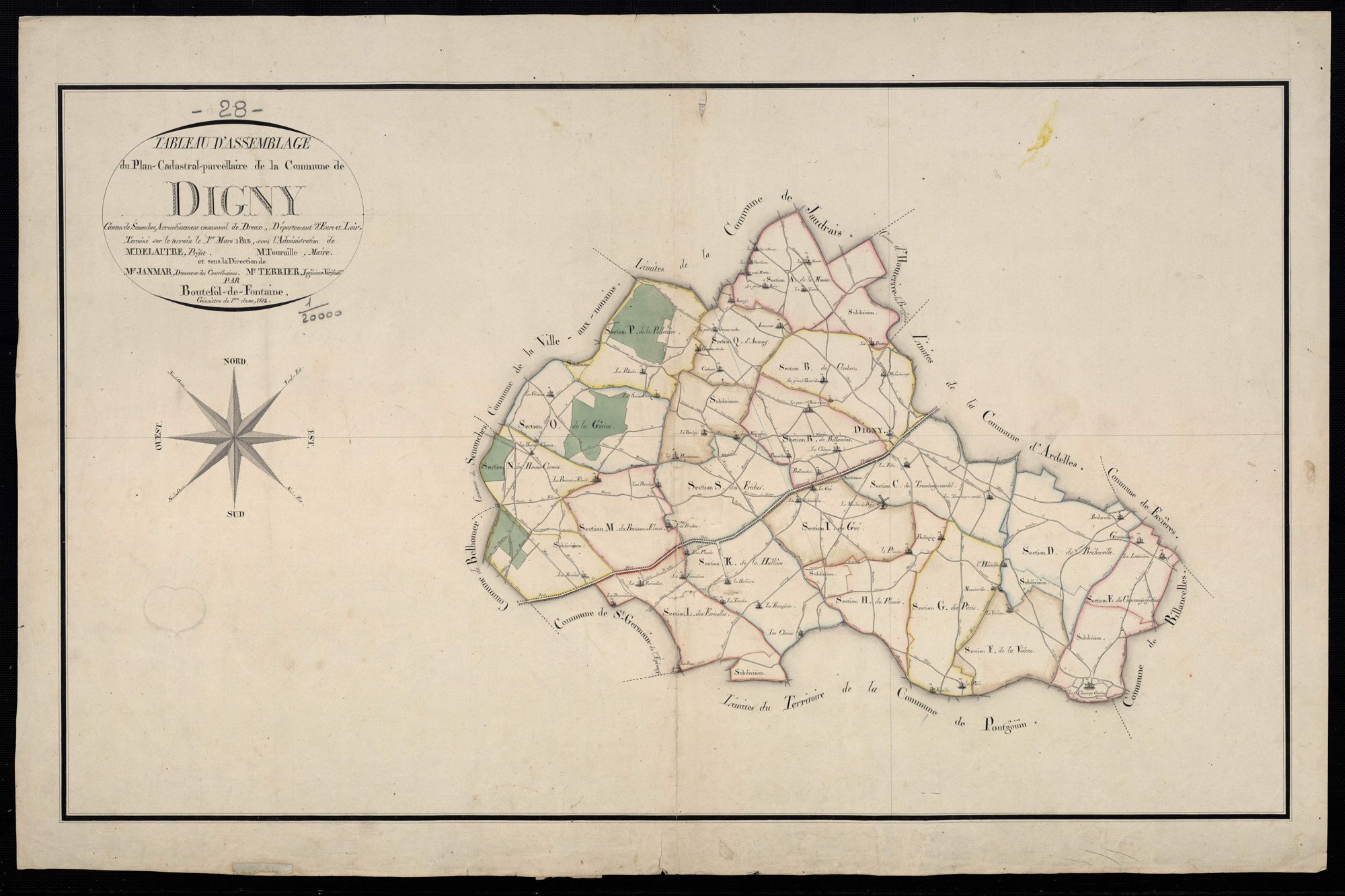 Tableau d'assemblage du plan cadastral parcellaire de la commune de Digny, Canton de Senonches, Arrondissement de Dreux / Terminé sur le terrain en mars 1813 (...) par Monsieur Boutefol-de-Fontaine, Géomètre de 1ère classe.