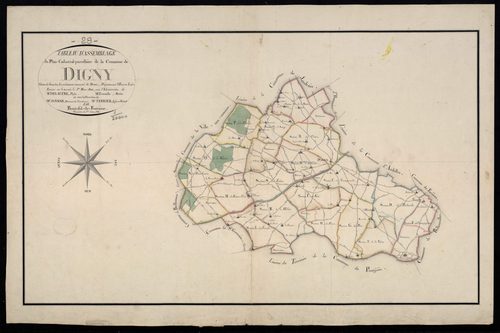Tableau d'assemblage du plan cadastral parcellaire de la commune de Digny, Canton de Senonches, Arrondissement de Dreux / Terminé sur le terrain en mars 1813 (...) par Monsieur Boutefol-de-Fontaine, Géomètre de 1ère classe.
