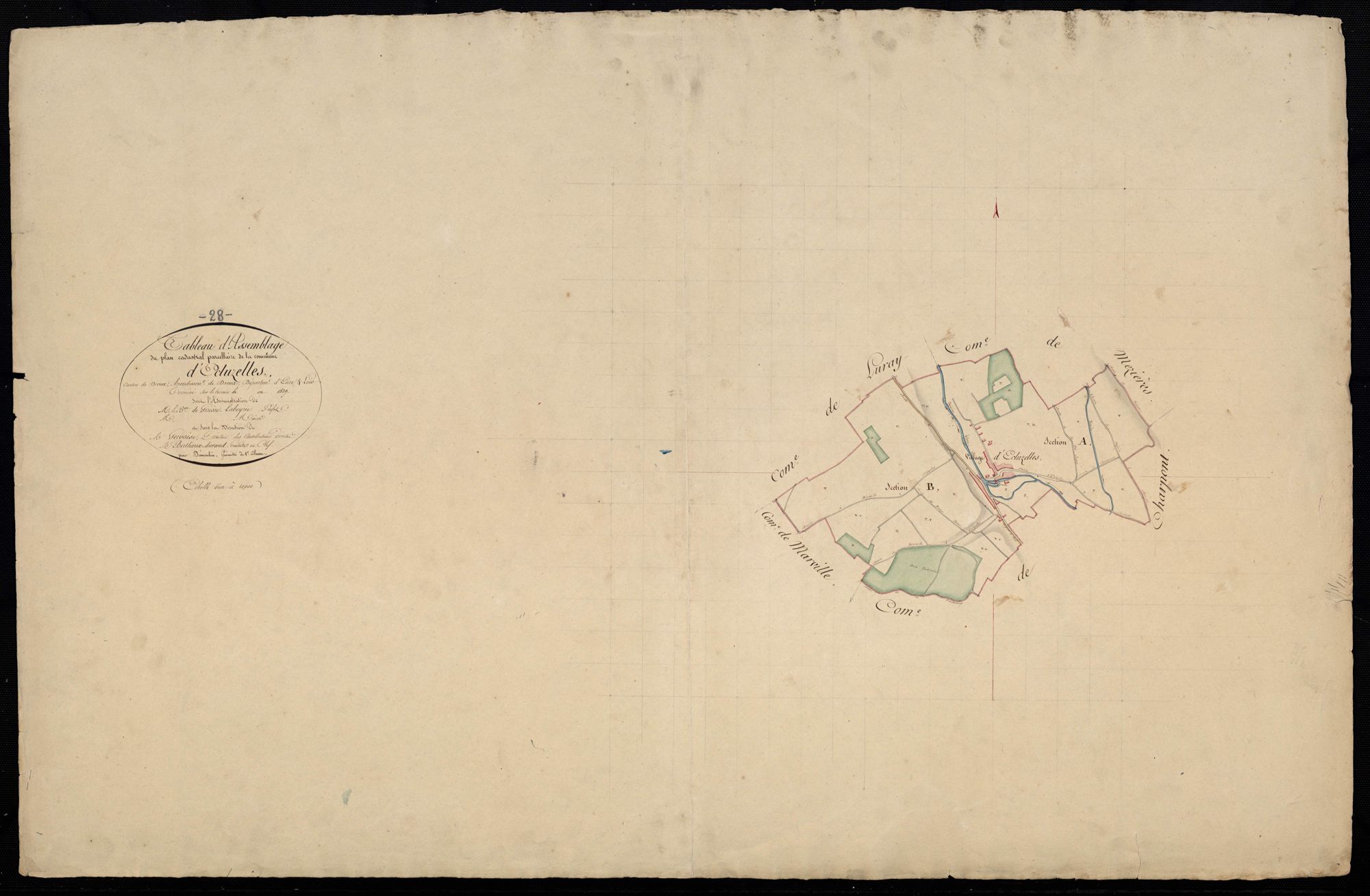 Tableau d'assemblage du plan cadastral parcellaire de la commune d'Ecluzelles, Canton de Dreux, Arrondissement de Dreux / Terminé sur le terrain en 1829 (...) par Monsieur Démoulin, Géomètre de 1ère classe.