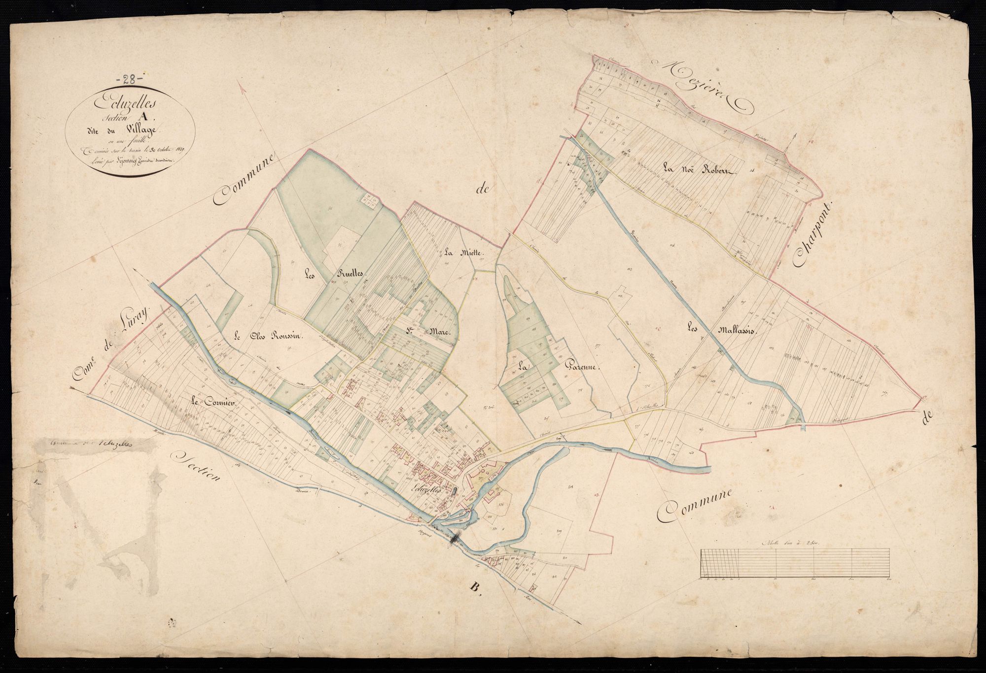 Section A, le Village, en une feuille / Terminée par Monsieur Séjourney, Géomètre secondaire.