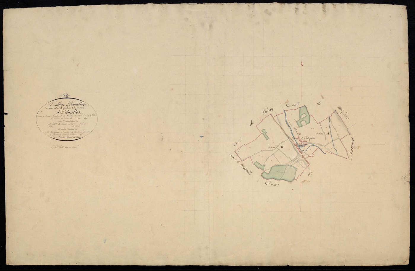 Tableau d'assemblage du plan cadastral parcellaire de la commune d'Ecluzelles, Canton de Dreux, Arrondissement de Dreux / Terminé sur le terrain en 1829 (...) par Monsieur Démoulin, Géomètre de 1ère classe.