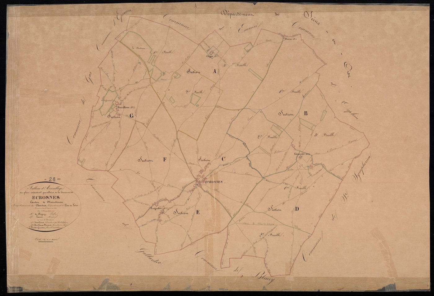Tableau d'assemblage du plan cadastral parcellaire de la commune de Ecrosnes, Canton de Maintenon, Arrondissement de Chartres / Terminé sur le terrain en 1833 (...) par Monsieur Girardot, Géomètre de 1ère classe.