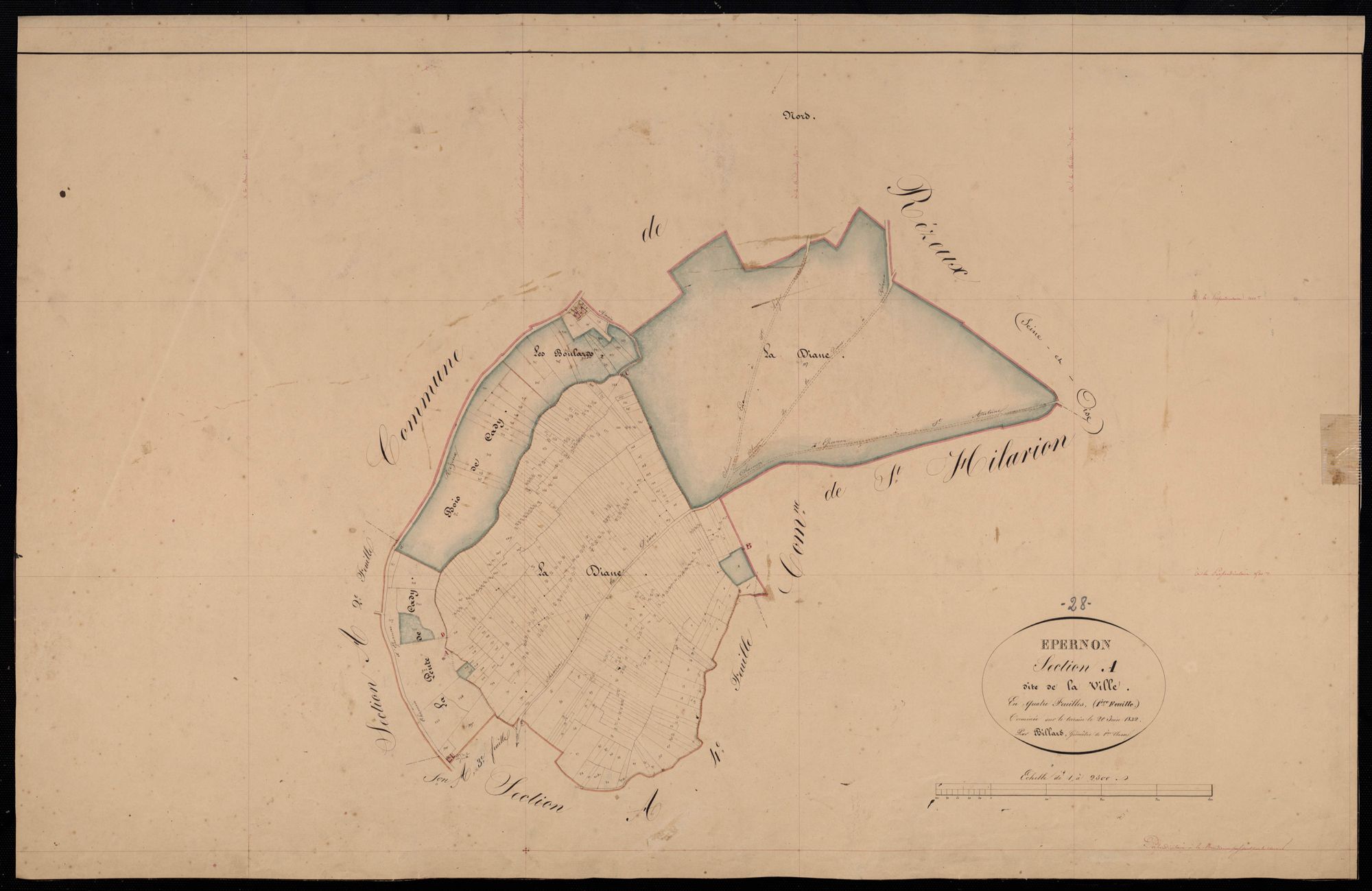 Section A, la Ville, feuille 1 / Terminée sur le terrain par Monsieur Billard, Géomètre de 1ère classe.