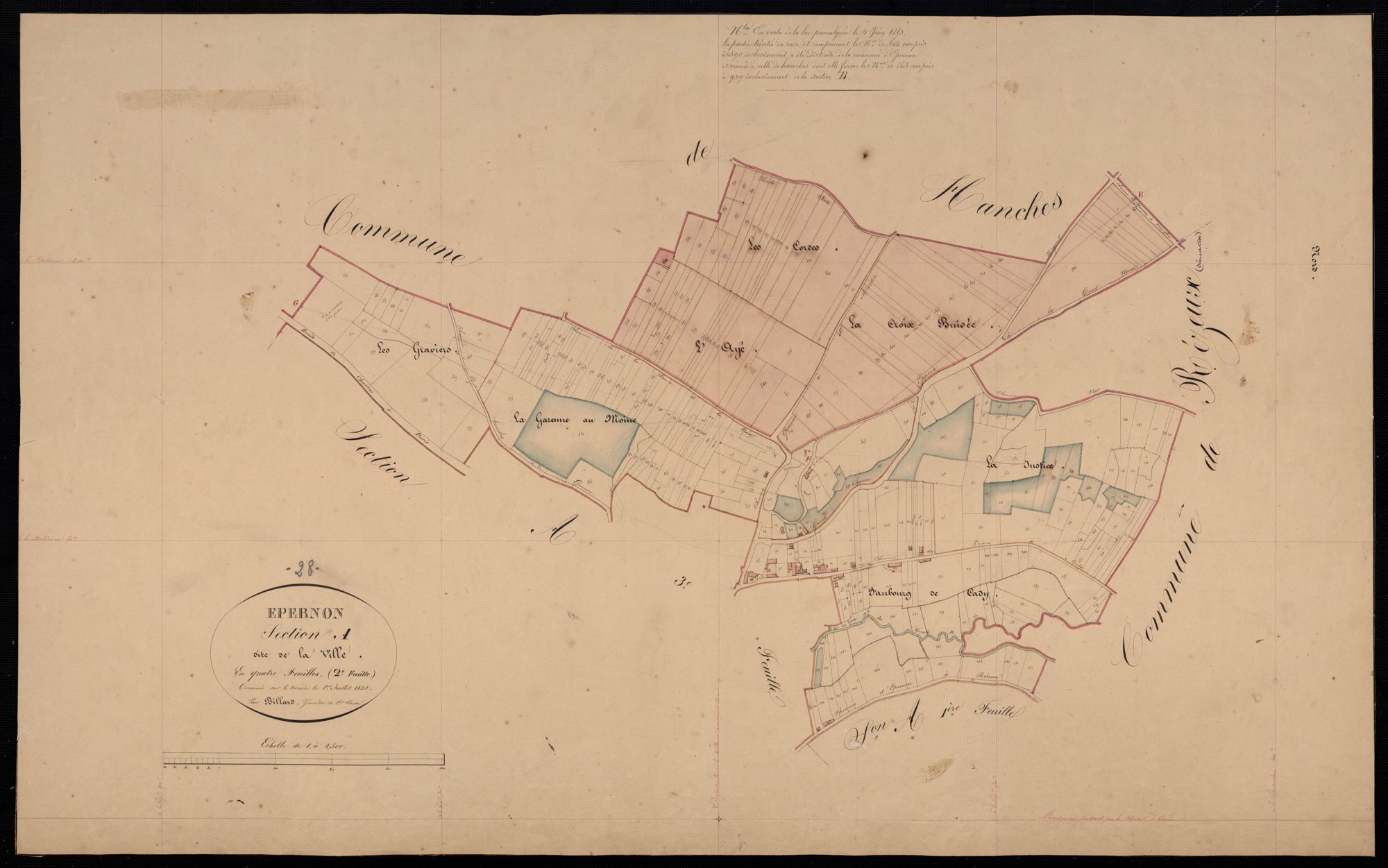Section A, la Ville, feuille 2 / Terminée sur le terrain par Monsieur Billard, Géomètre de 1ère classe.