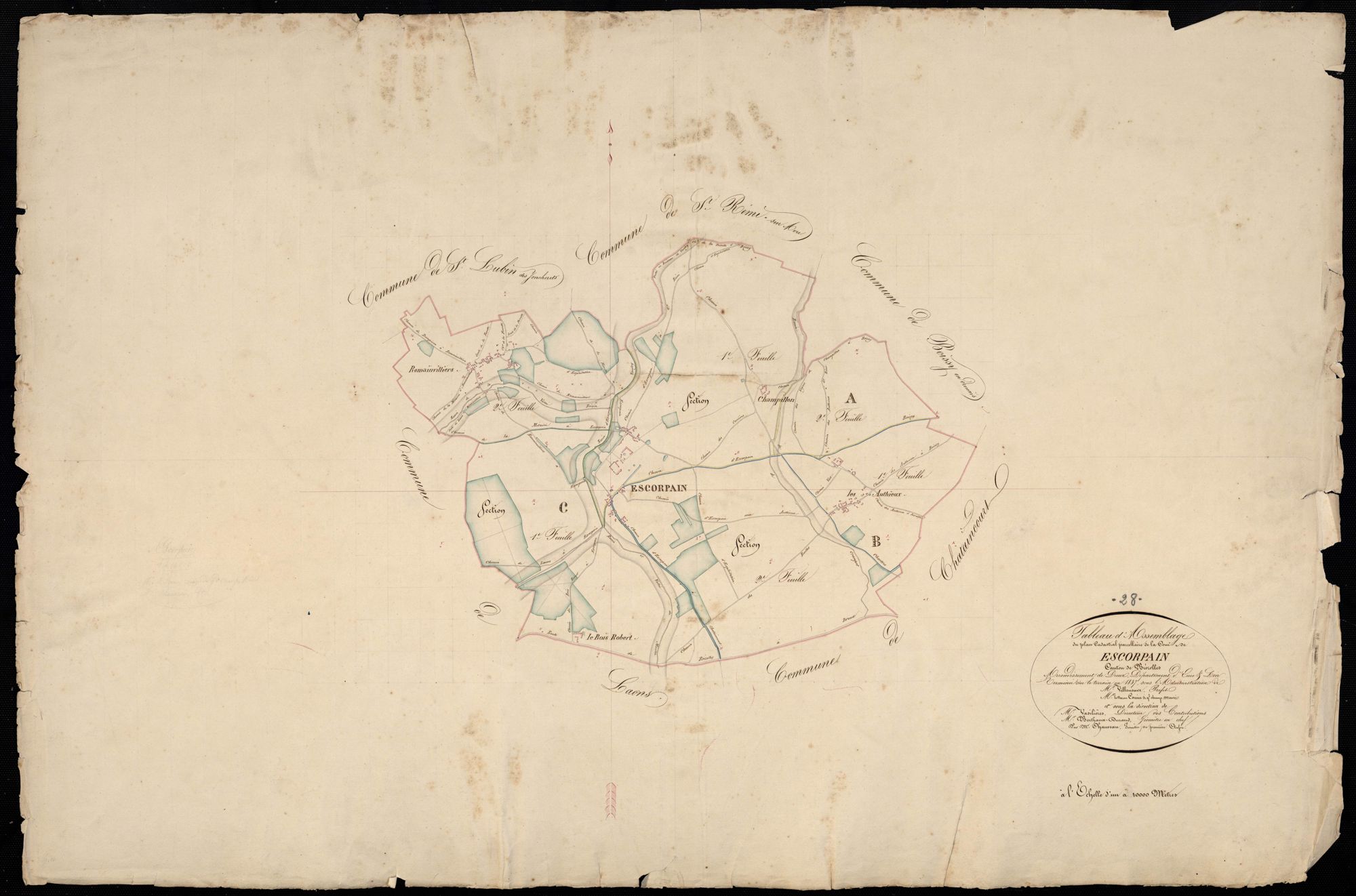 Tableau d'assemblage du plan cadastral parcellaire de la commune d'Escorpain, Canton de Brézolles, Arrondissement de Dreux / Terminé sur le terrain en 1837 (...) par Monsieur Chauveau, Géomètre de 1ère classe.