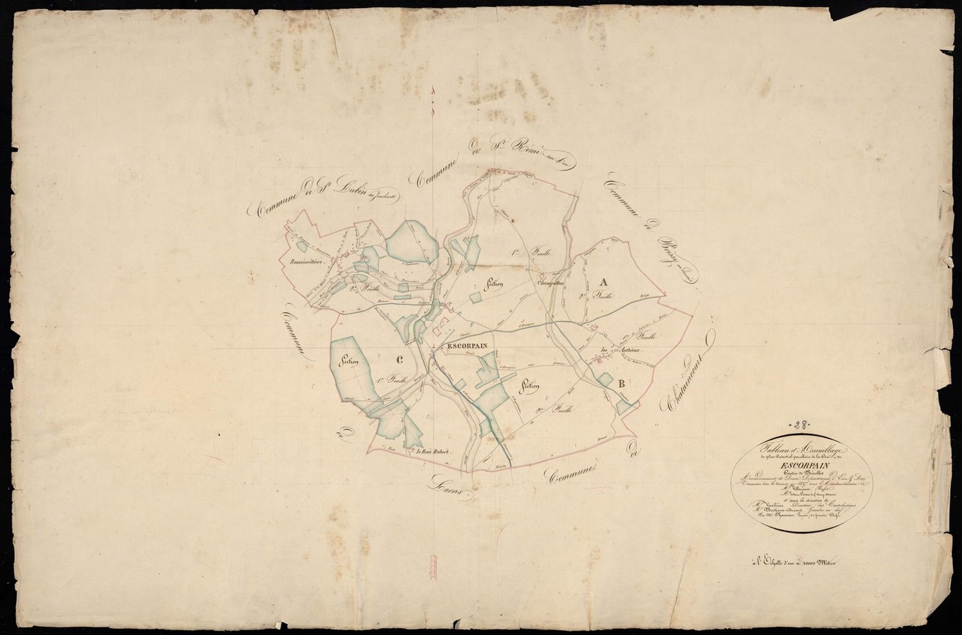 Tableau d'assemblage du plan cadastral parcellaire de la commune d'Escorpain, Canton de Brézolles, Arrondissement de Dreux / Terminé sur le terrain en 1837 (...) par Monsieur Chauveau, Géomètre de 1ère classe.