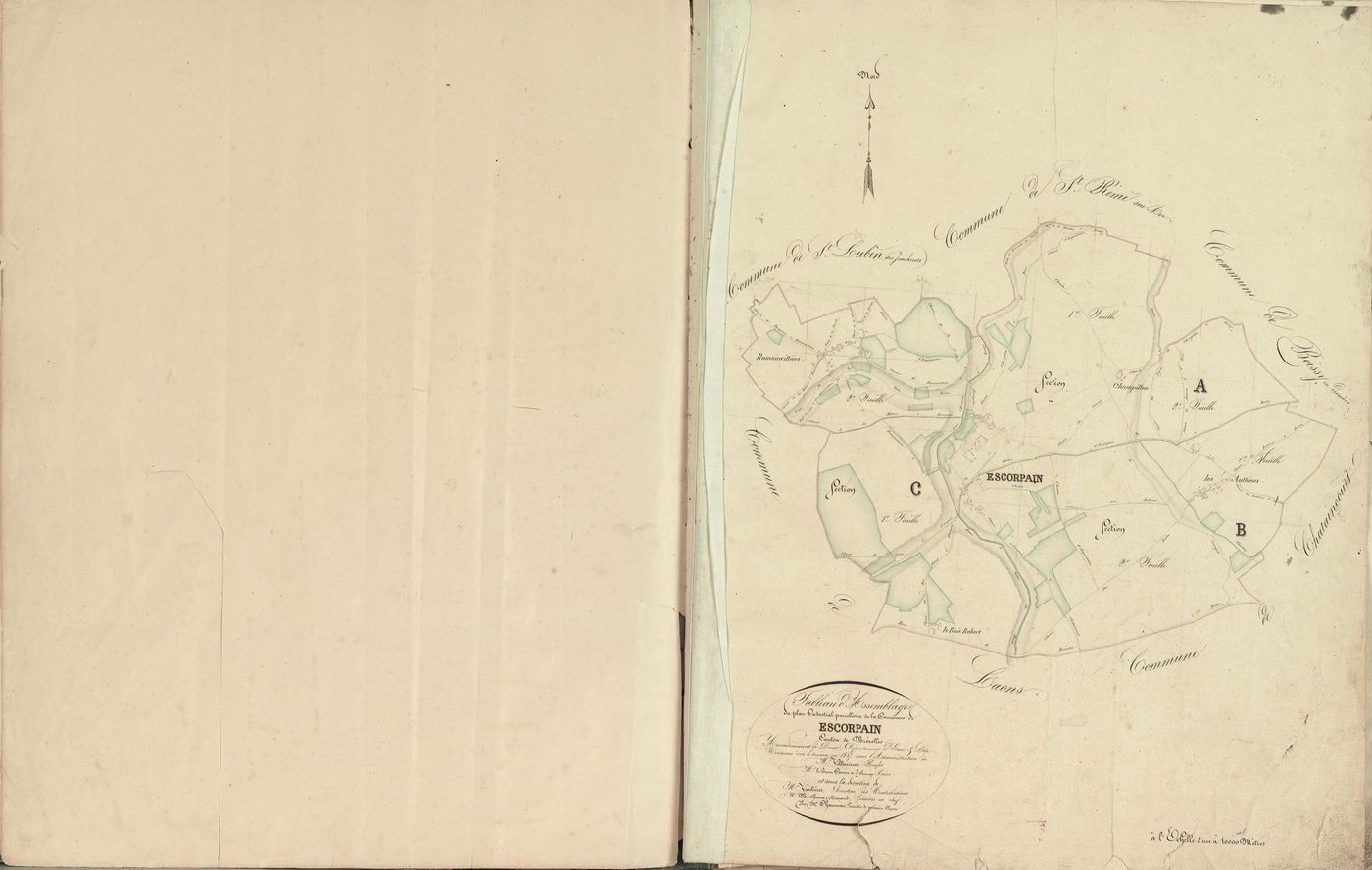 Tableau d'assemblage du plan cadastral parcellaire de la commune d'Escorpain, Canton de Brézolles, Arrondissement de Dreux / Terminé sur le terrain en 1837 (...) par Monsieur Chauveau, Géomètre de 1ère classe.