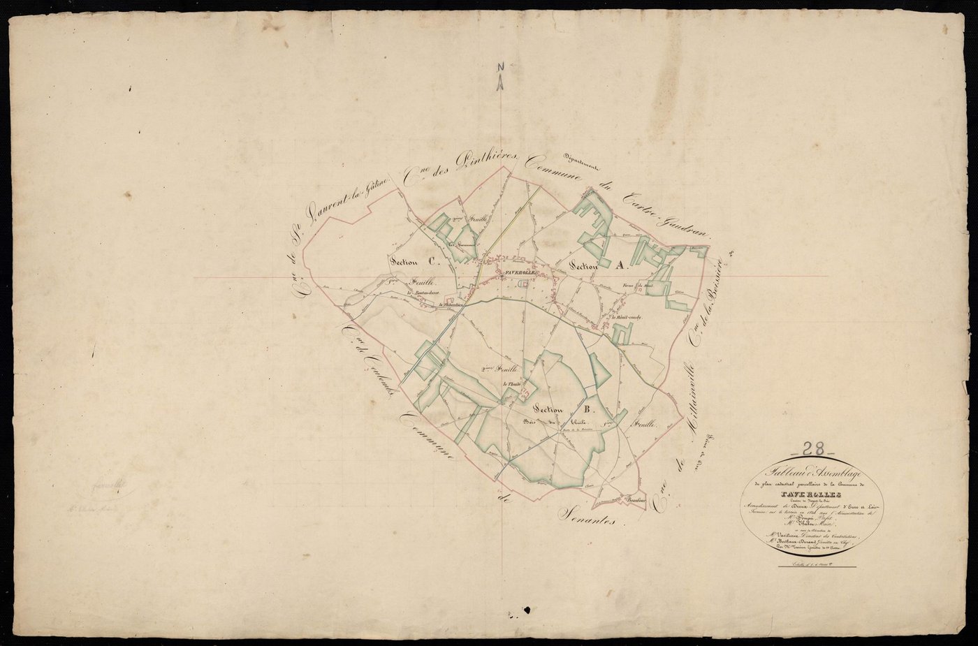 Tableau d'assemblage du plan cadastral parcellaire de la commune de Faverolles, Canton de Nogent-le-Roi, Arrondissement de Dreux / Terminé sur le terrain en 1834 (...) par Monsieur Tarnier, Géomètre de 1ère classe.