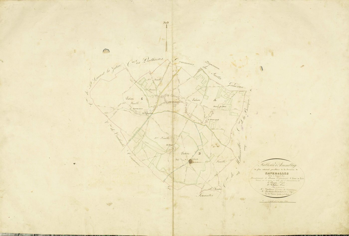 Tableau d'assemblage du plan cadastral parcellaire de la commune de Faverolles, Canton de Nogent-le-Roi, Arrondissement de Dreux / Terminé sur le terrain en 1834 (...) par M. Tarnier, géomètre de 1ère classe.