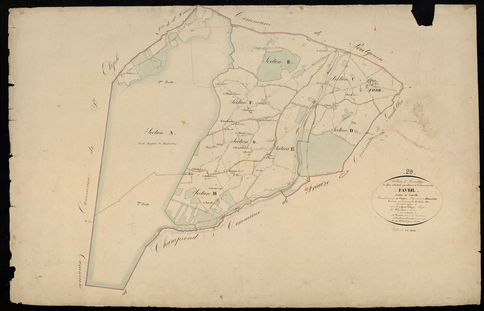 Tableau d'assemblage du plan cadastral parcellaire de la commune du Favril, Canton de Courville, Arrondissement de Chartres / Terminé sur le terrain en août 1830 (...) par Monsieur Billard, Géomètre de 1ère classe.