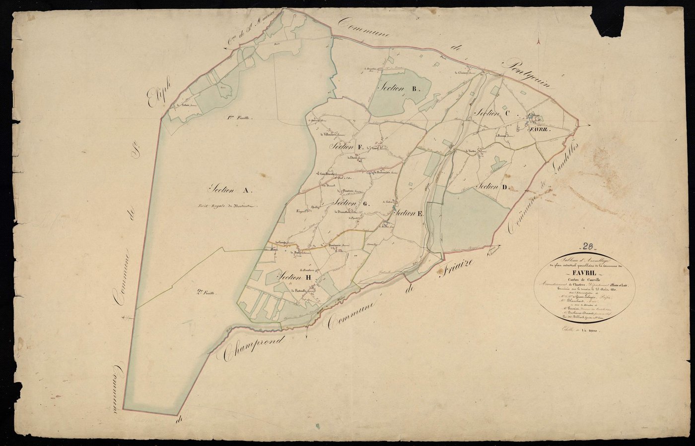 Tableau d'assemblage du plan cadastral parcellaire de la commune du Favril, Canton de Courville, Arrondissement de Chartres / Terminé sur le terrain en août 1830 (...) par Monsieur Billard, Géomètre de 1ère classe.