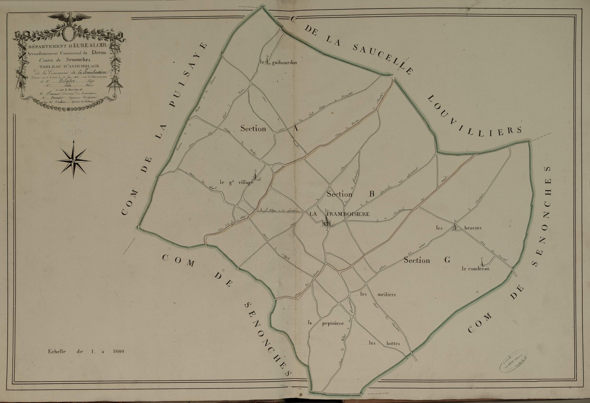 Tableau d'assemblage du plan parcellaire de la commune de la Framboisière, Canton de Senonches, Arrondissement de Dreux / Terminé sur le terrain le 15 juin 1812 (...) par Monsieur Chabin, Géomètre du cadastre.
