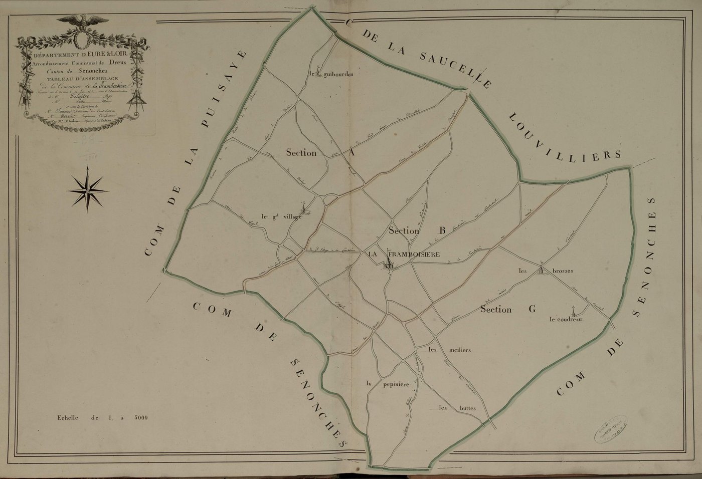 Tableau d'assemblage du plan parcellaire de la commune de la Framboisière, Canton de Senonches, Arrondissement de Dreux / Terminé sur le terrain le 15 juin 1812 (...) par Monsieur Chabin, Géomètre du cadastre.