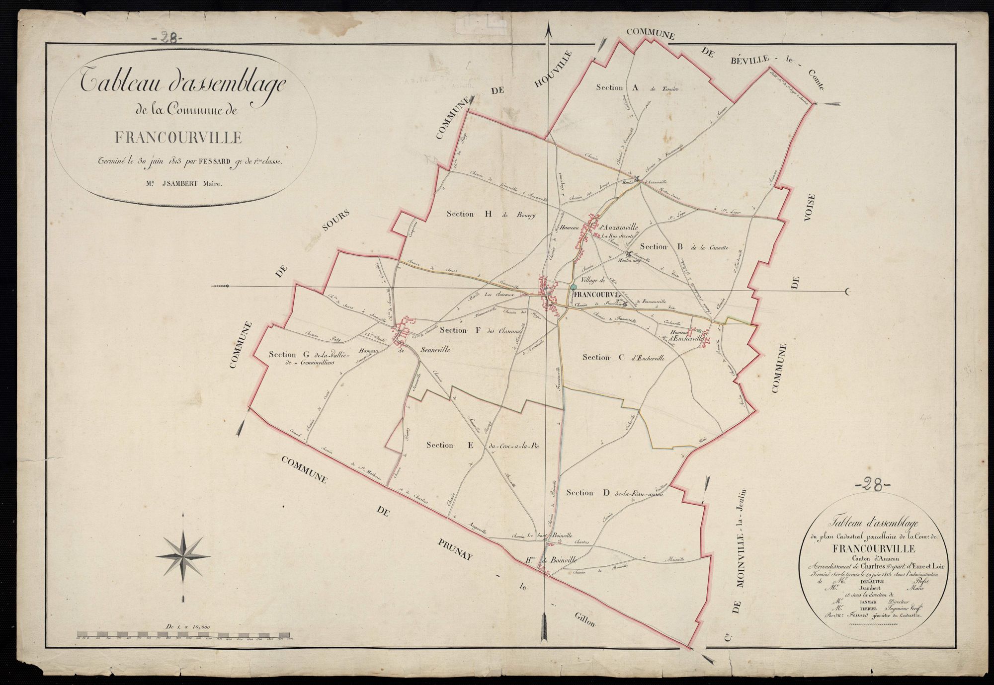Tableau d'assemblage du plan cadastral parcellaire de la commune de Francourville, Canton d'Auneau, Arrondissement de Chartres / Terminé sur le terrain en juin 1813 (...) par Monsieur Fessard, Géomètre de 1ère Classe.