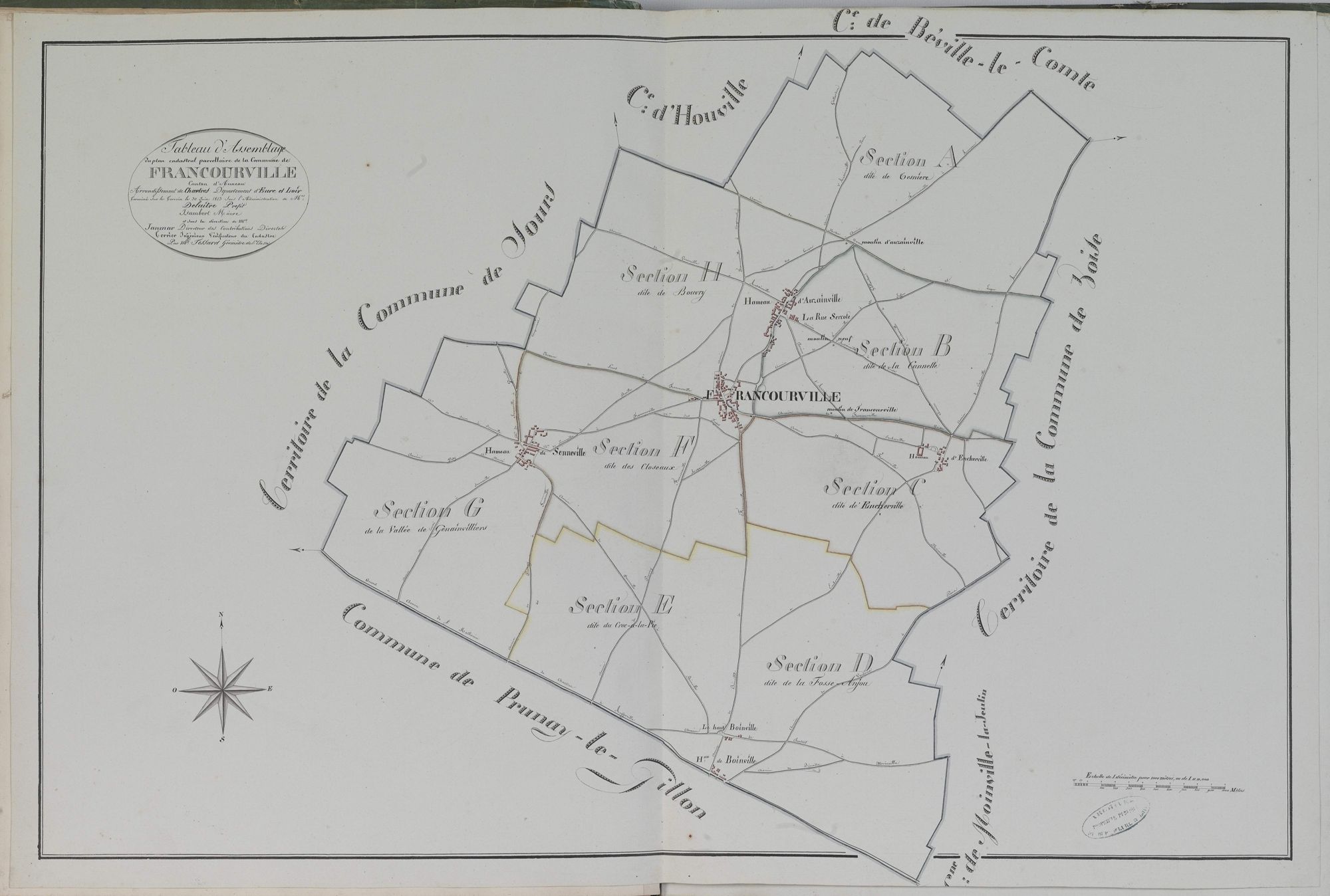 Tableau d'assemblage du plan parcellaire de la commune de Francourville, Canton d'Auneau, Arrondissement de Chartres / Terminé sur le terrain le 1er juin 1813 (...) par Monsieur Fessard, Géomètre de 1ère classe.
