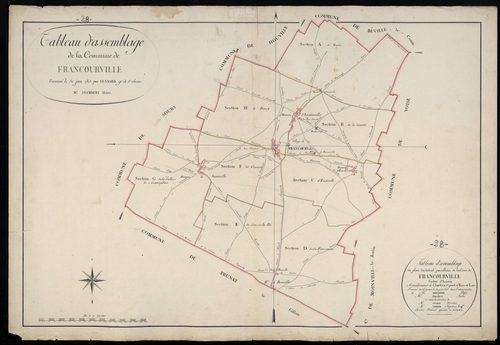 Tableau d'assemblage du plan cadastral parcellaire de la commune de Francourville, Canton d'Auneau, Arrondissement de Chartres / Terminé sur le terrain en juin 1813 (...) par Monsieur Fessard, Géomètre de 1ère Classe.