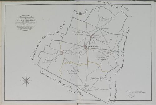 Tableau d'assemblage du plan parcellaire de la commune de Francourville, Canton d'Auneau, Arrondissement de Chartres / Terminé sur le terrain le 1er juin 1813 (...) par Monsieur Fessard, Géomètre de 1ère classe.