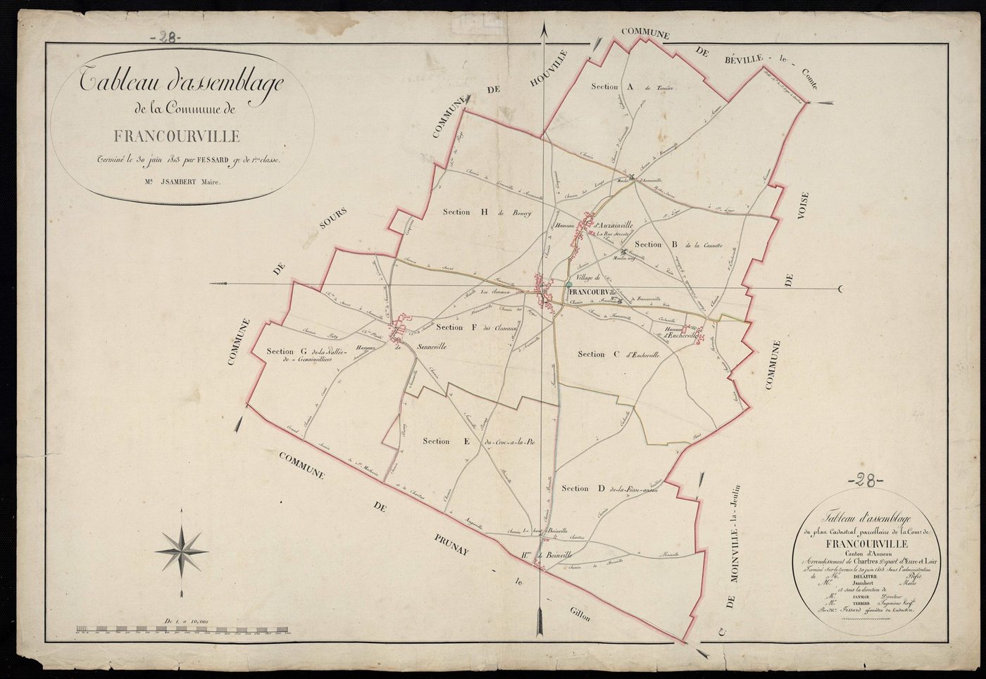 Tableau d'assemblage du plan cadastral parcellaire de la commune de Francourville, Canton d'Auneau, Arrondissement de Chartres / Terminé sur le terrain en juin 1813 (...) par Monsieur Fessard, Géomètre de 1ère Classe.
