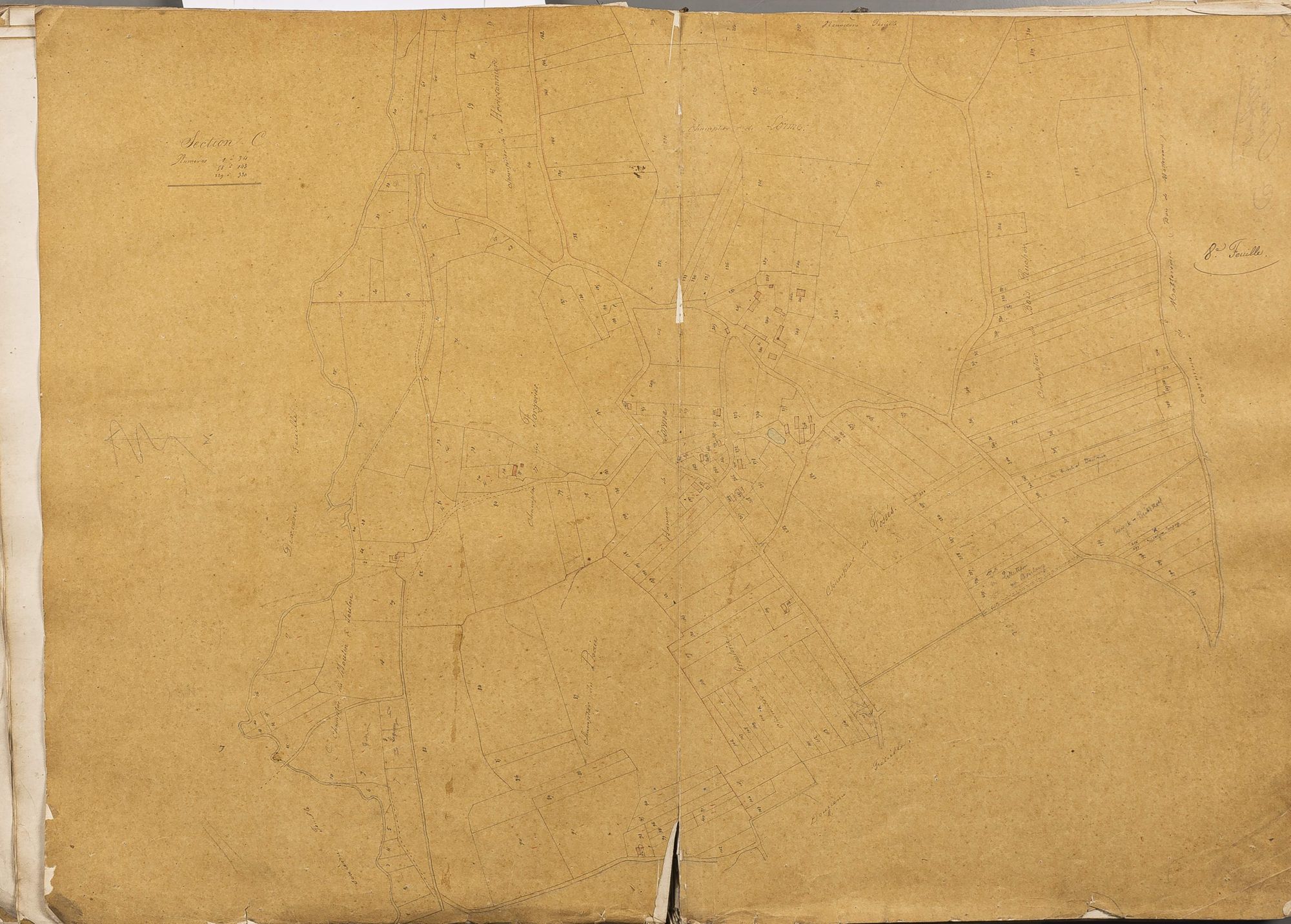 Section C, numéros 1 à 34, 58 à 143, 229 à 330, 8ème feuille.