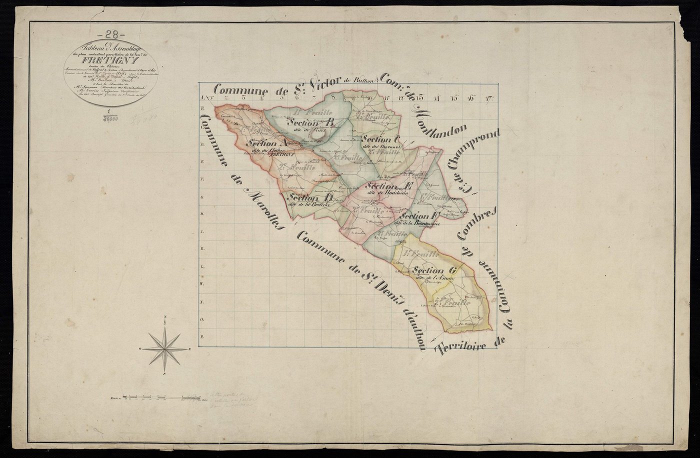 Tableau d'assemblage du plan cadastral parcellaire de la commune de Frétigny, canton de Thiron, Arrondissement de Nogent-le-Rotrou / Terminé sur le terrain en janvier 1815 (...) par Monsieur Boutefol de Fontaine, Géomètre de 1ère classe.