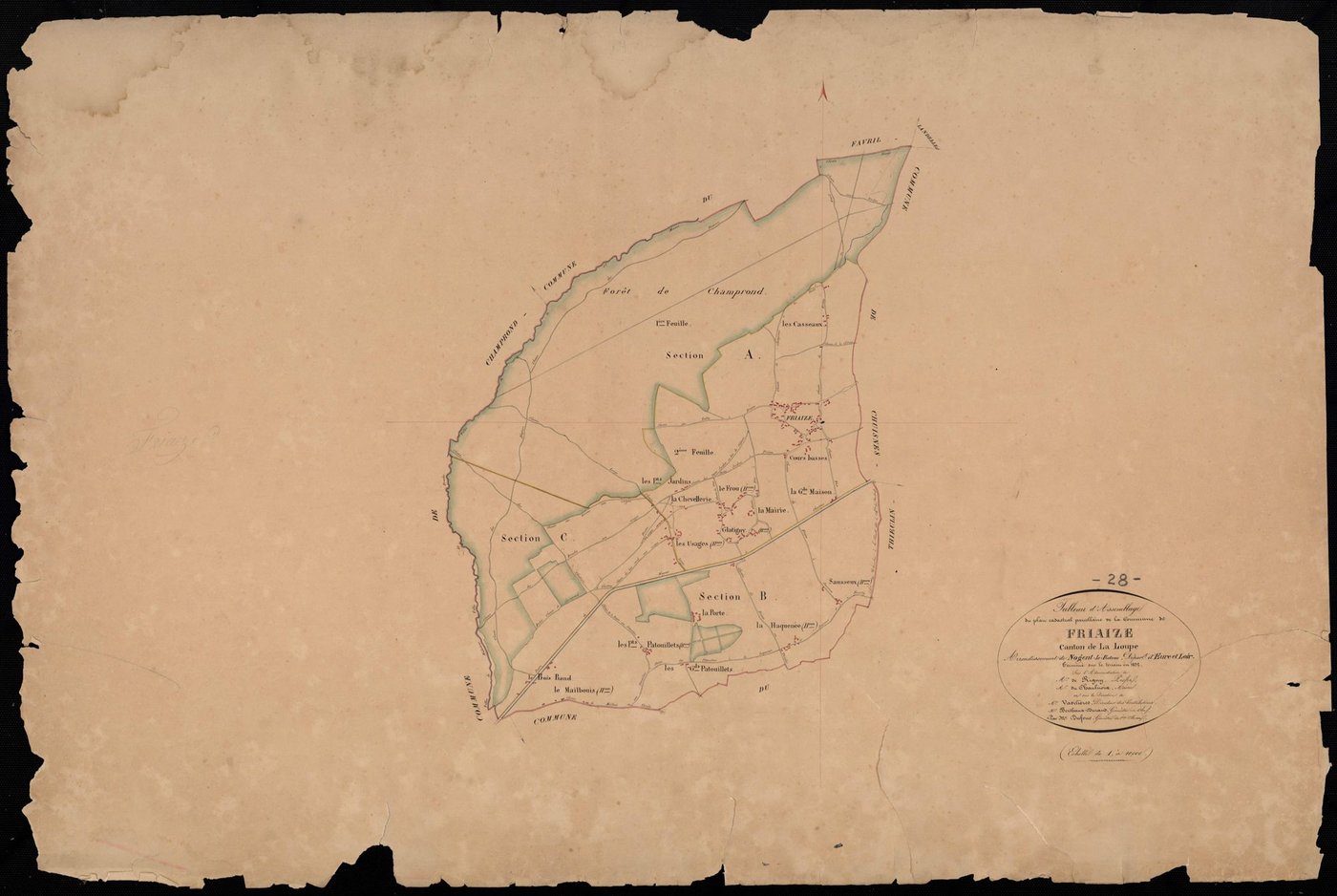 Tableau d'assemblage du plan cadastral parcellaire de la commune de Friaize, Canton de la Loupe, Arrondissement de Nogent-le-Rotrou / Terminé sur le terrain en 1832 par Monsieur Dufour, Géomètre de 1ère classe.
