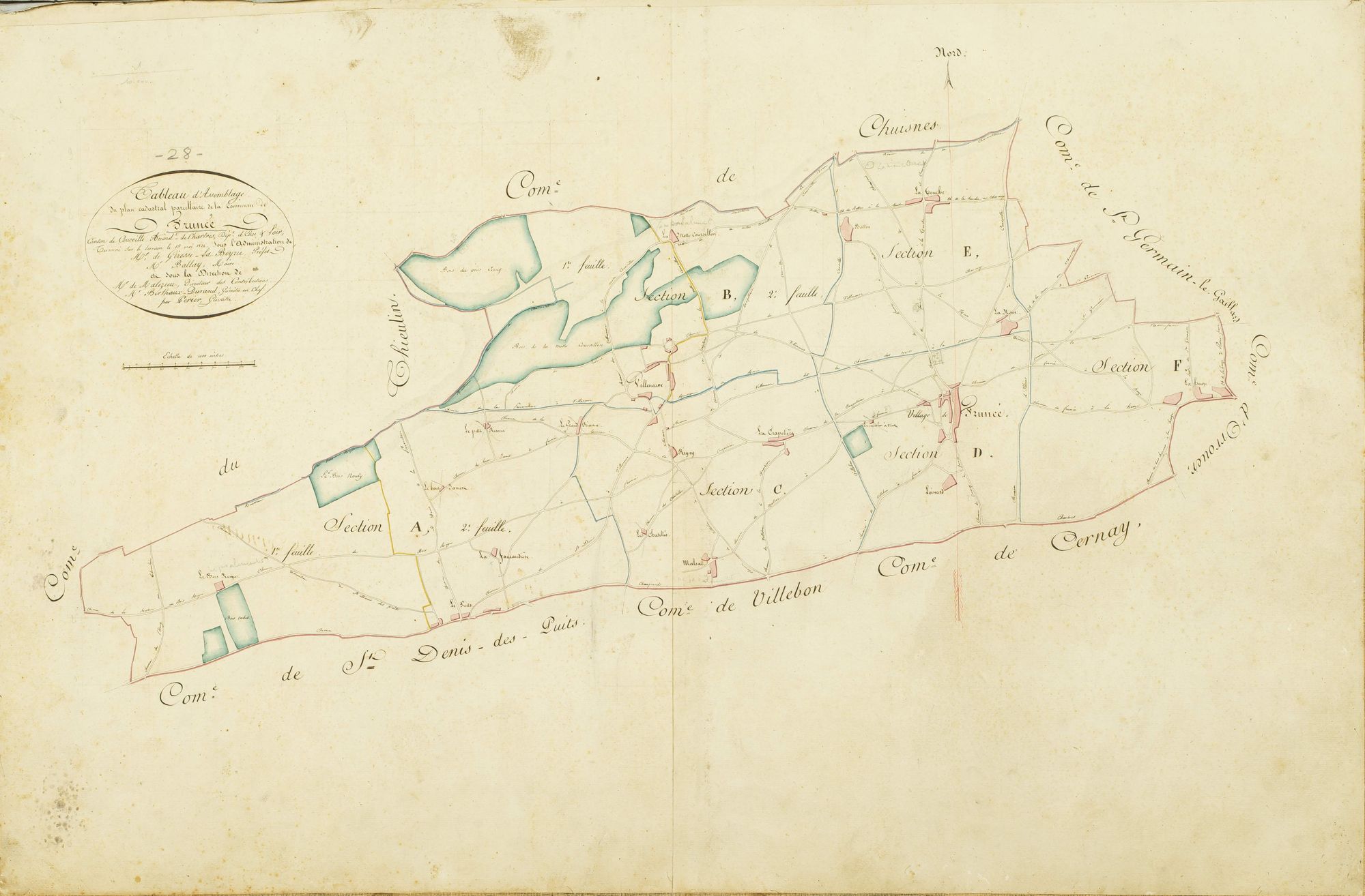 Tableau d'assemblage du plan cadastral parcellaire de la commune de Fruncé, Canton de Courville, Arrondissement de Chartres / Terminé sur le terrain le 15 mai 1826 (...) par Périer, géomètre.