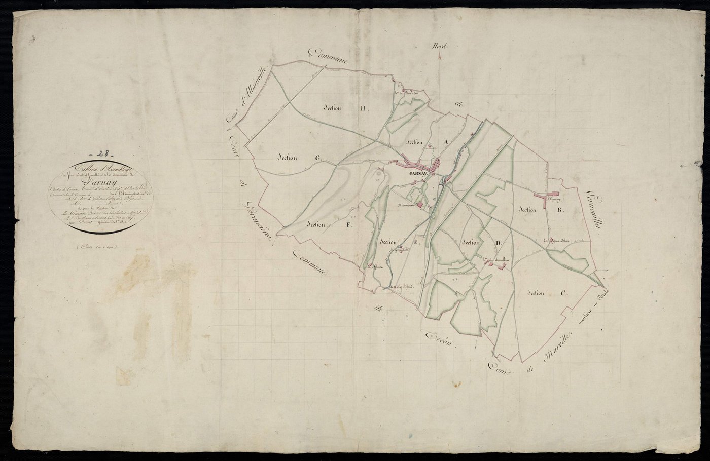 Tableau d'assemblage du plan cadastral parcellaire de la commune de Garnay, Canton de Dreux, Arrondissement de Dreux / Terminé sur le terrain en 1829 (...) par Monsieur Court, Géomètre de 1ère classe.