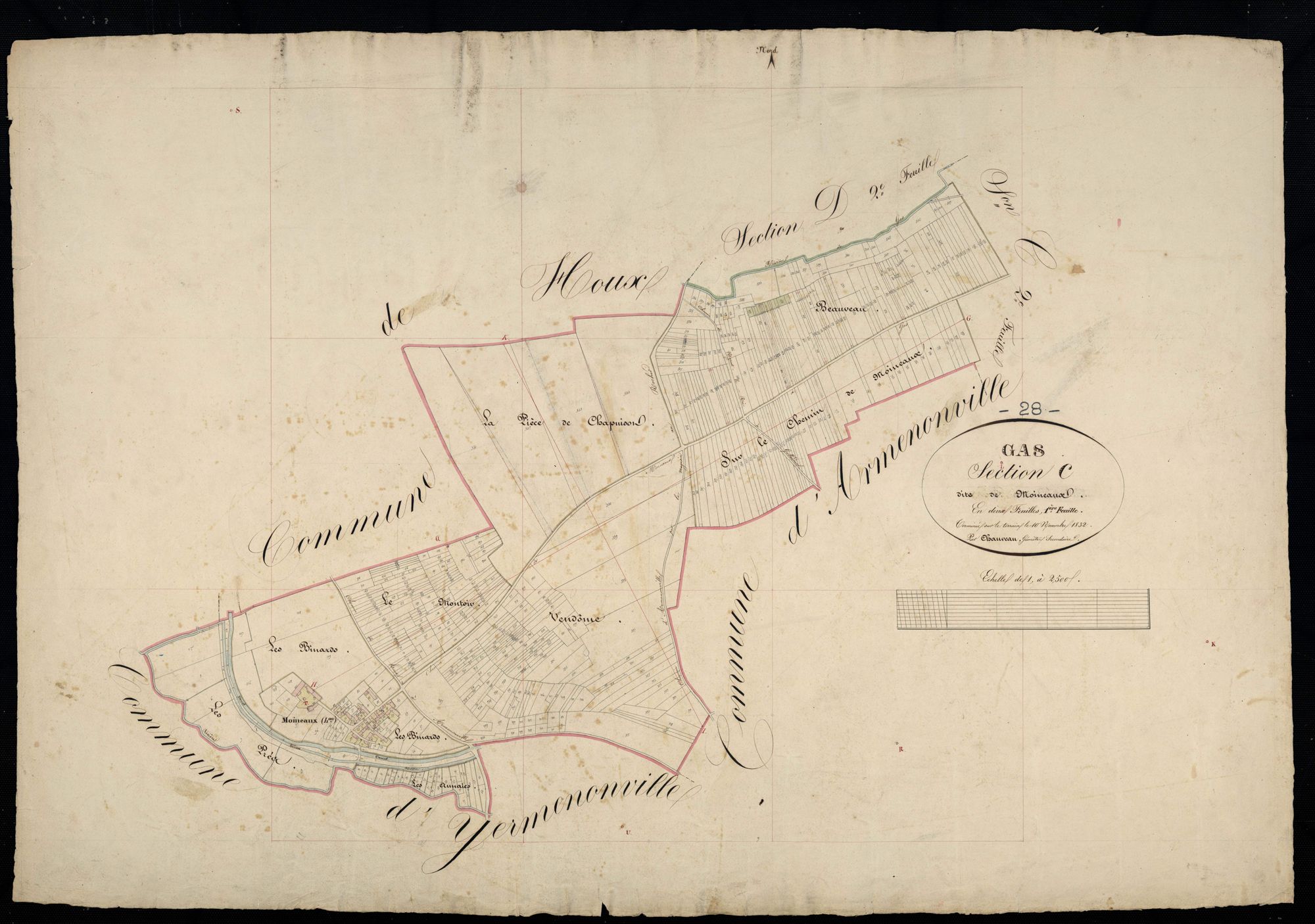 Section C, Moineaux feuille 1 / Terminée sur le terrain par Monsieur Chauveau, Géomètre secondaire.
