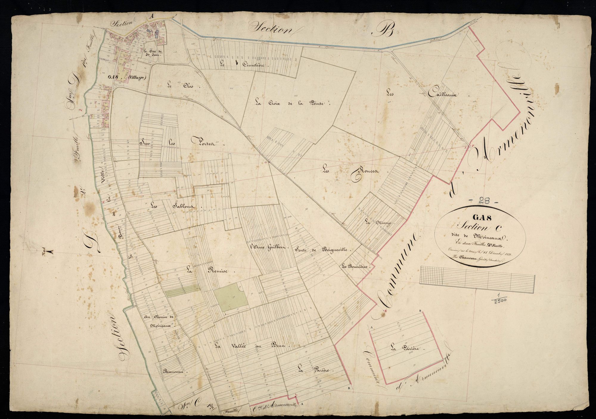 Section C, Moineaux feuille 2 / Terminée sur le terrain par Monsieur Chauveau, Géomètre secondaire.