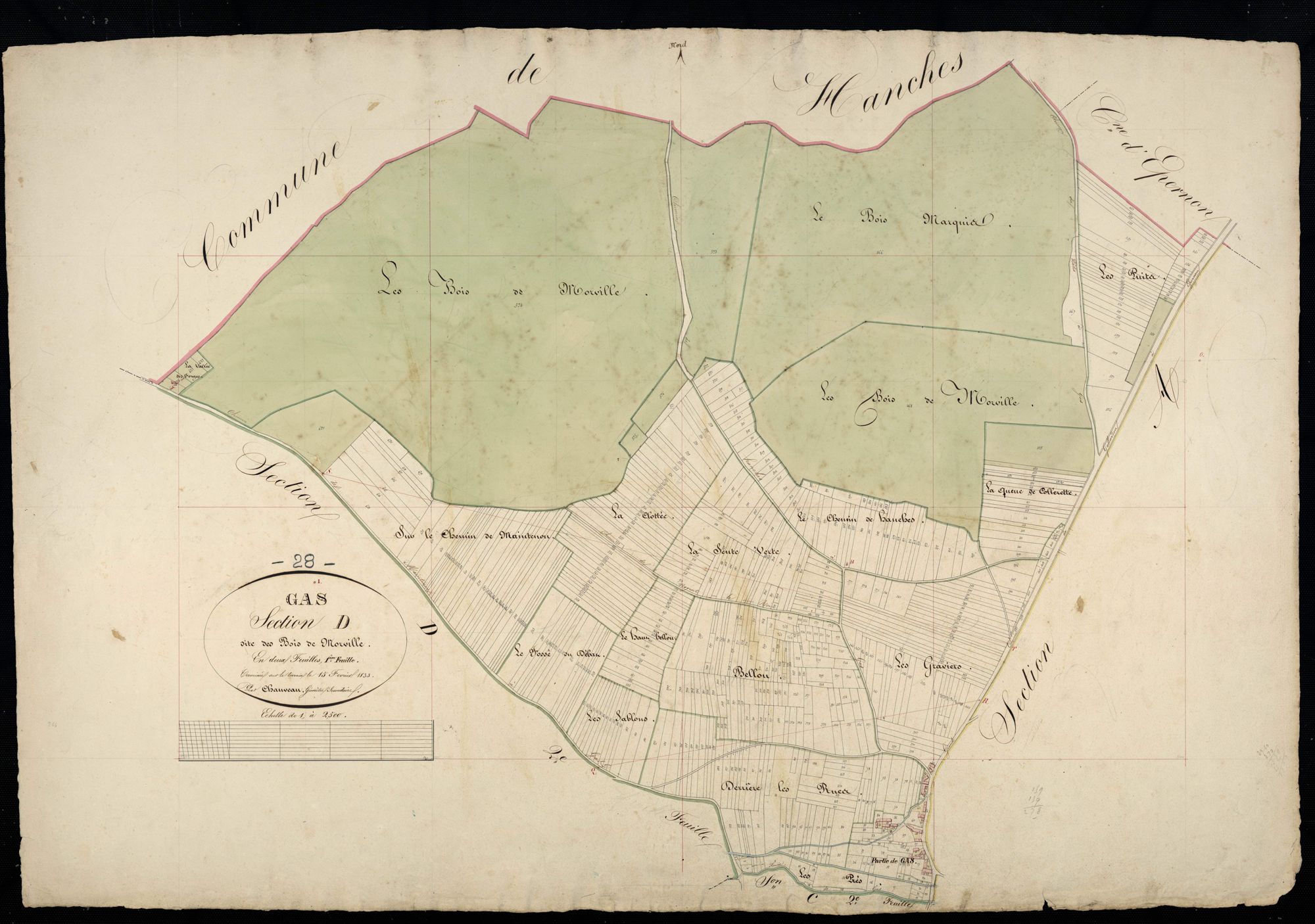 Section D, Bois de Morville, feuille 1 / Terminée sur le terrain par Monsieur Chauveau, Géomètre secondaire.