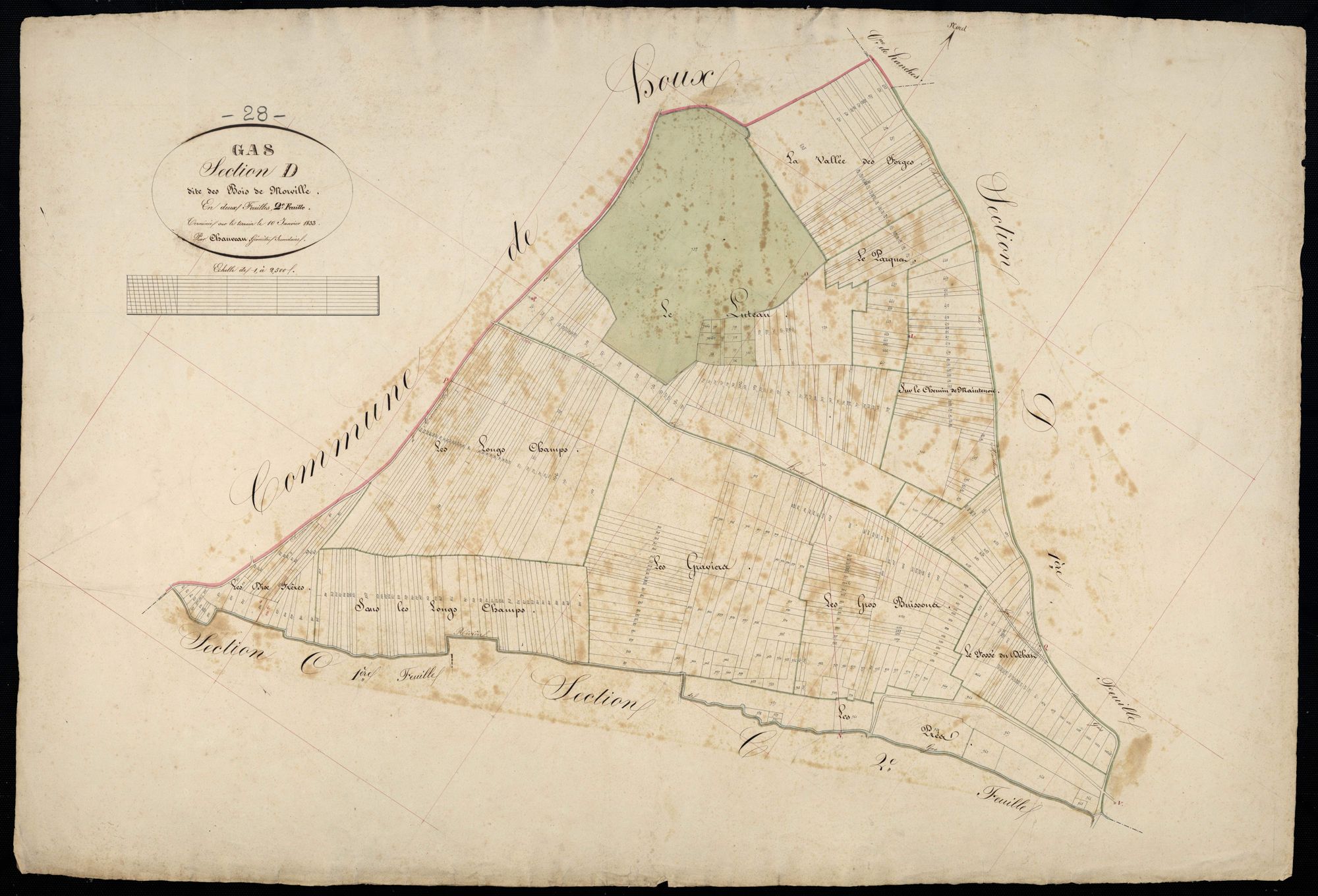 Section D, Bois de Morville, feuille 2 / Terminée sur le terrain par Monsieur Chauveau, Géomètre secondaire.